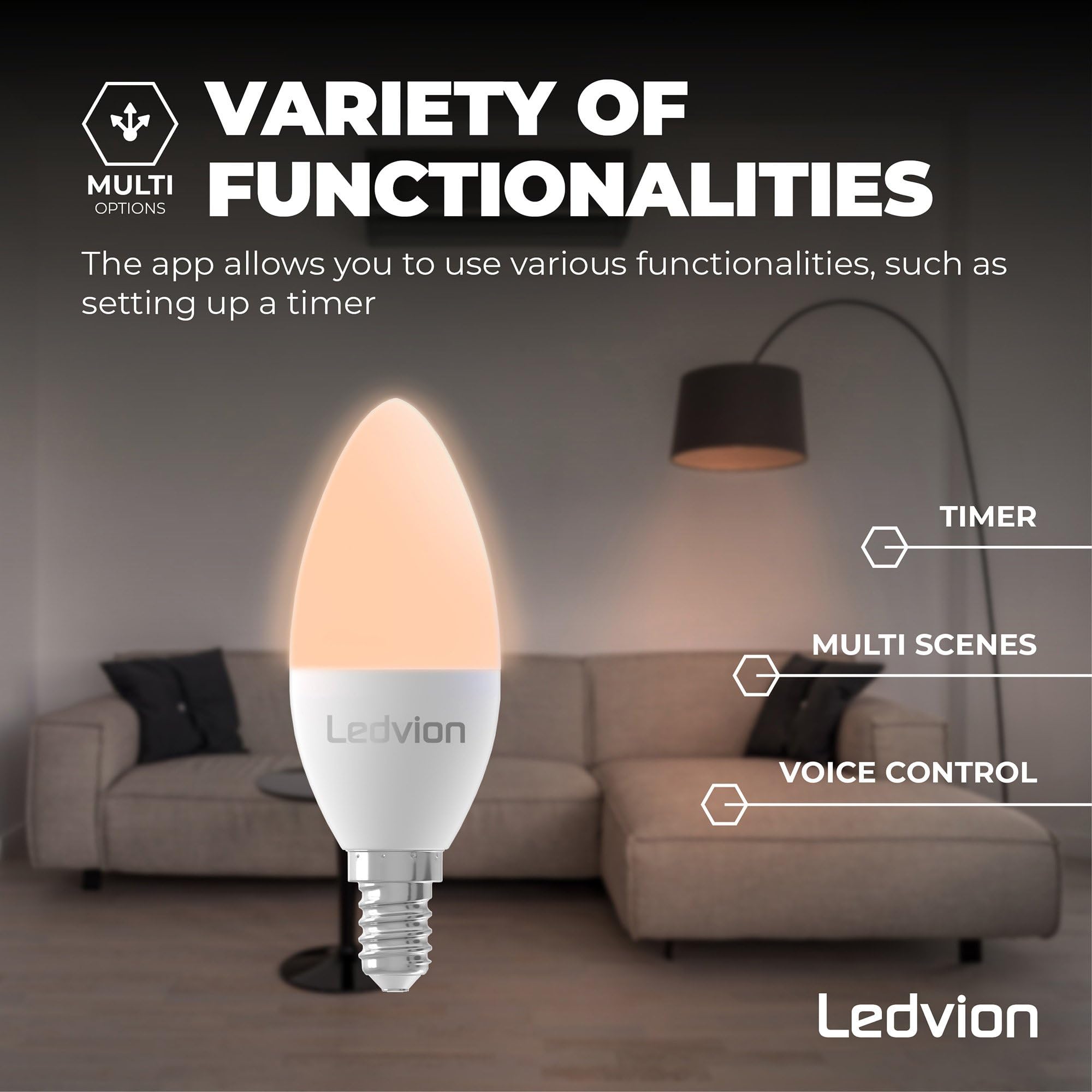 Ledvion 10x Smart RGB+CCT E14 LED lampe 5W Wi-Fi Beleuchtung Dimmbar 470Lm | Steuere Licht per App oder Sprache und nutze Szenen oder Zeitpläne für den Alltag zuhause