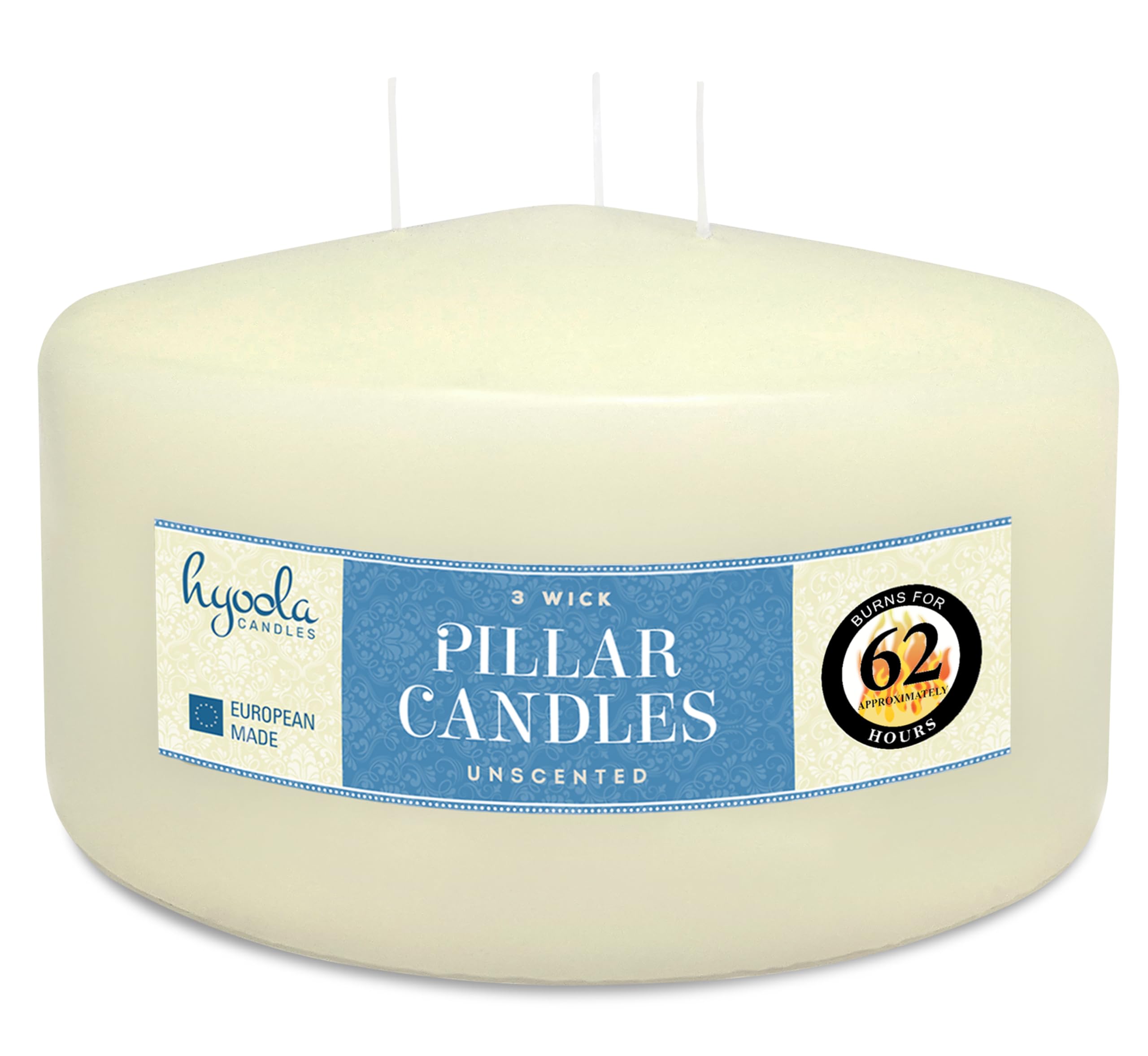 HYOOLA Ivory Three Wick Large Candle - 6 x 3 Inch - Unscented Big Pillar Candles - 62 Hour - European Made