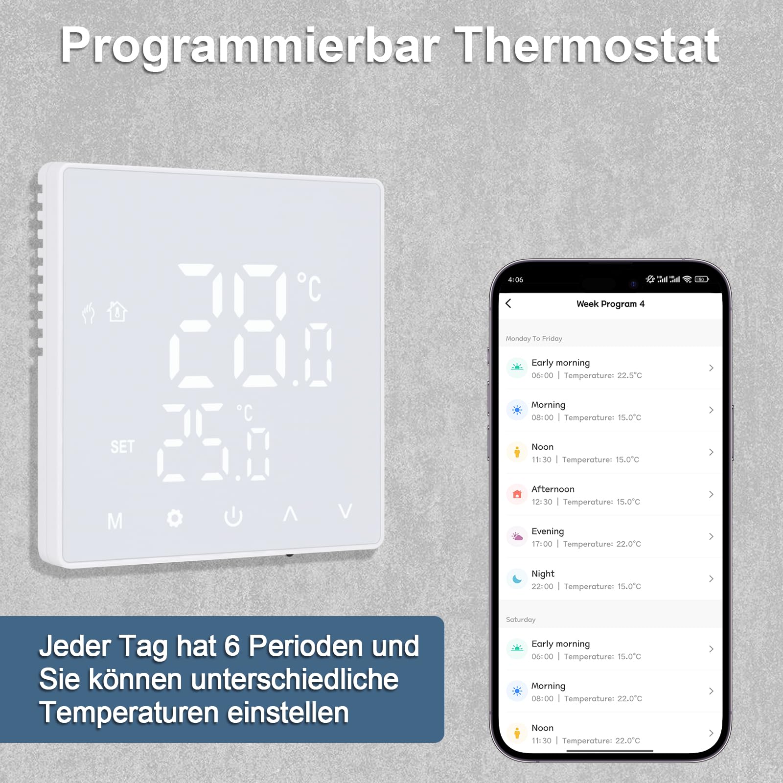 CNBINGO Termostato a pavimento Wi-Fi, termostato intelligente per riscaldamento digitale, riscaldamento a pavimento, 230 V, programmabile, termostati per acqua, elettrico, bianco