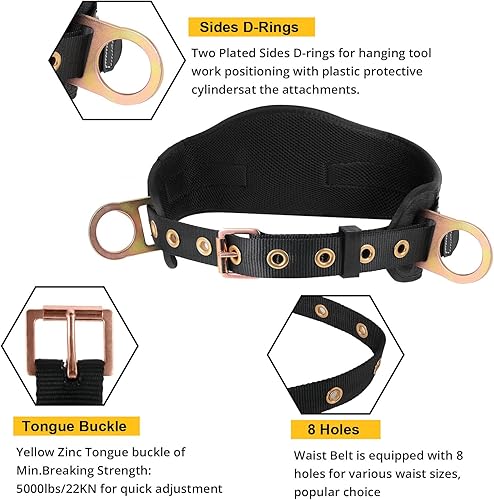 Miniatura 9 de TRSMIMA - Arnés de seguridad para escalar, protección contra caídas de cuerpo negro, para hombre, para techo, árbol, cintura, lengüeta, hebilla y