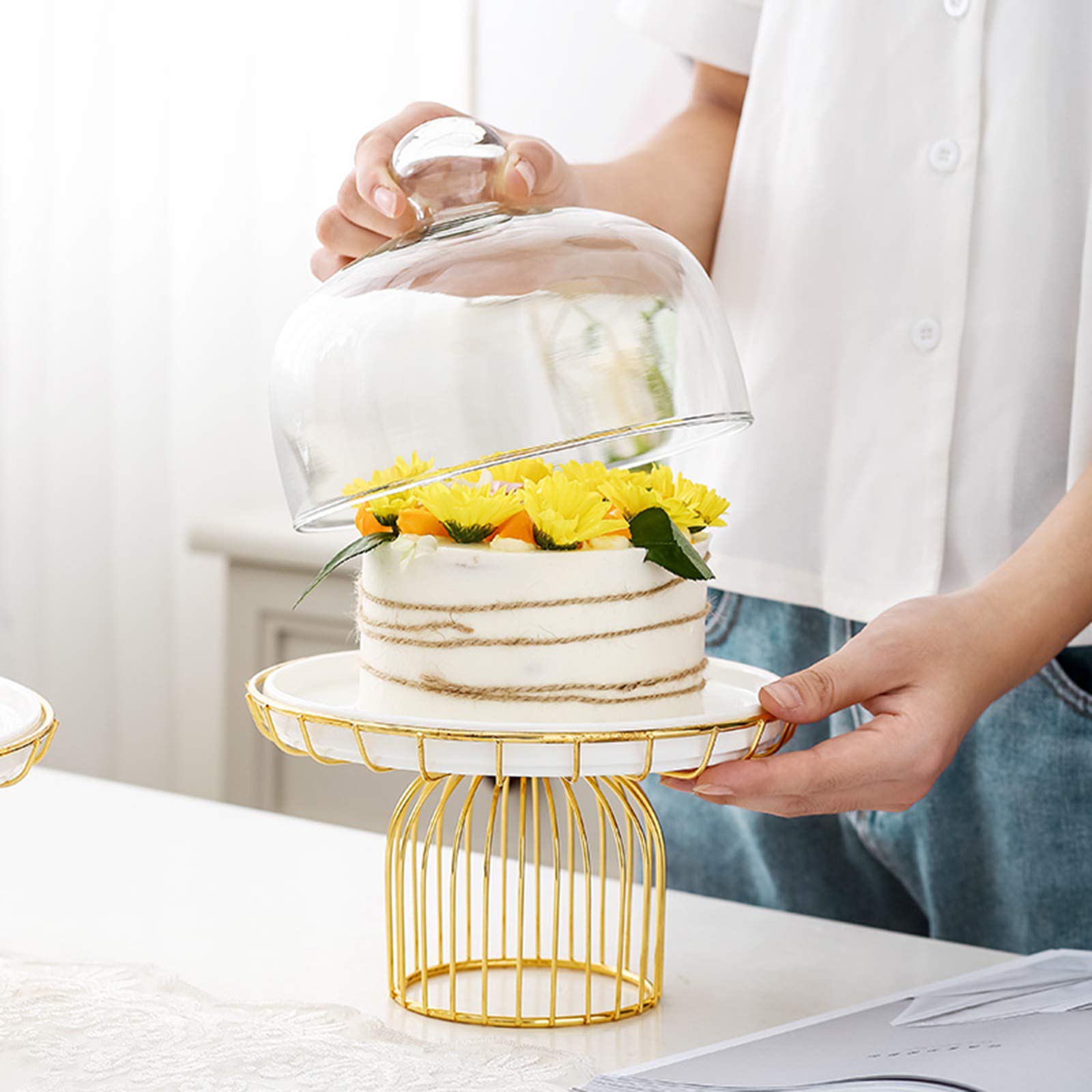Tapa para el microondas,Bandejas de repostería para el hogar con Tapa, Soportes de exhibición de Pasteles para Fiestas de té de la Tarde, Placas Redondas de cerámica, Cubierta de cúpula de v