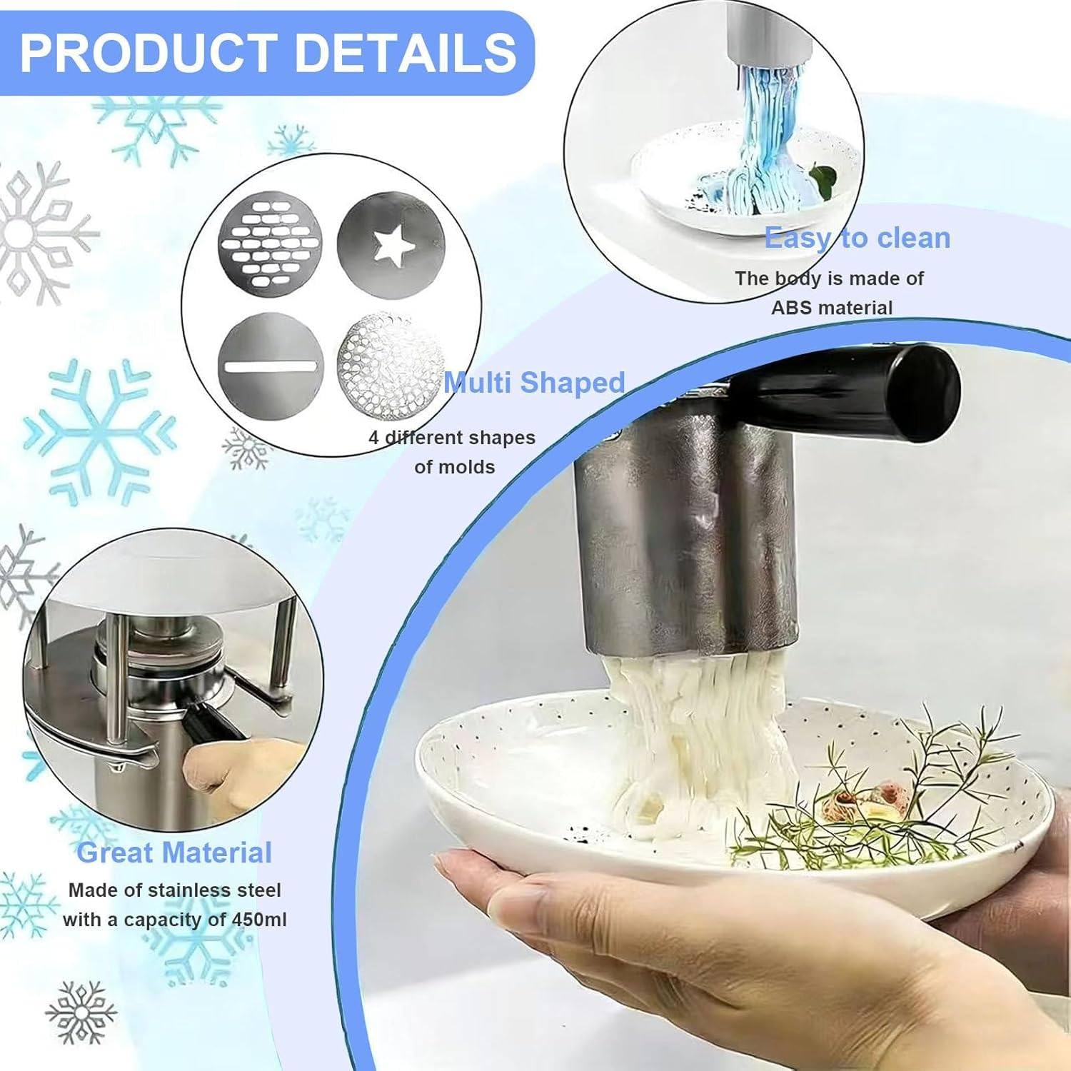 Macchina per Gelato a Forma di Spaghetti, pressa da 80 W con 4 stampi di Diverse Forme, tramoggia da 420 ml e Produzione di 7,4-7,9 galloni/Ora per gelaterie e pasticcerie. White