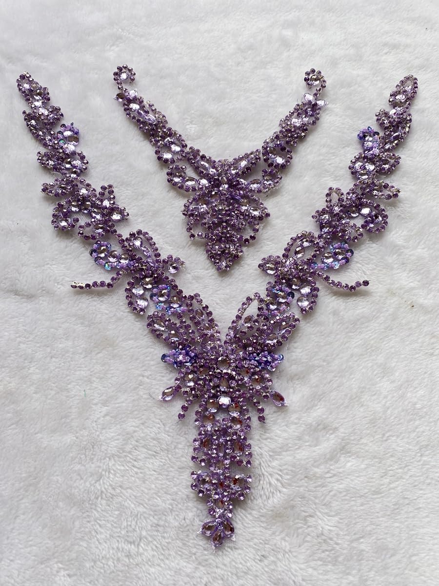 Pure Handmade Rhinestones lace Applique Accessories handsewing Beads Stones Trim Patches for Girl Wedding Dress 2PSC/Set (Violet)