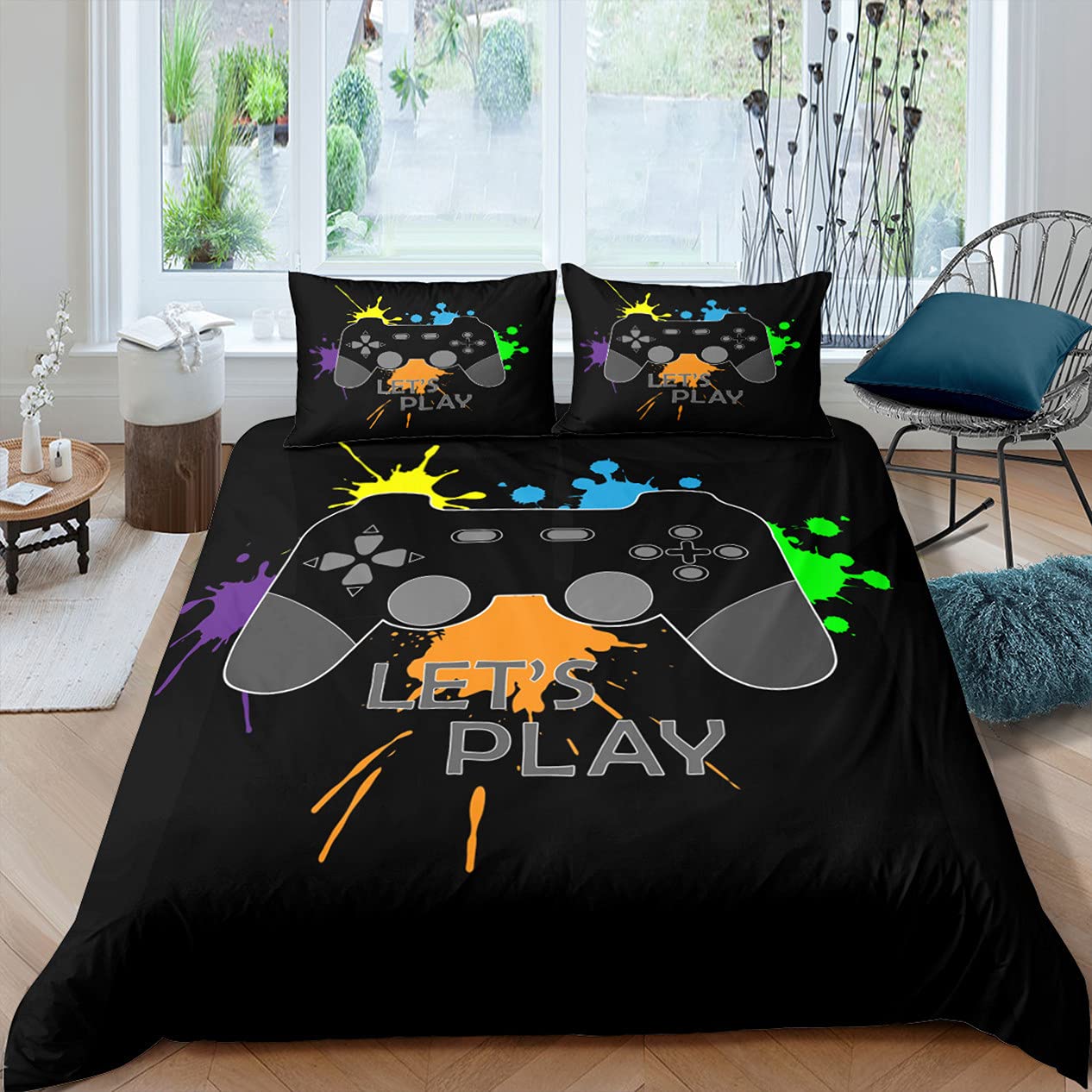 Gamer Beddengoed Set voor Meisjes Jongens en Tieners Comfortabele Rits Dekbedovertrek 200x200 Gamepad Video Games Game Console patroon Microfibe Slaapkamer Dekbedovertrek met Kussensloop (Rood, King