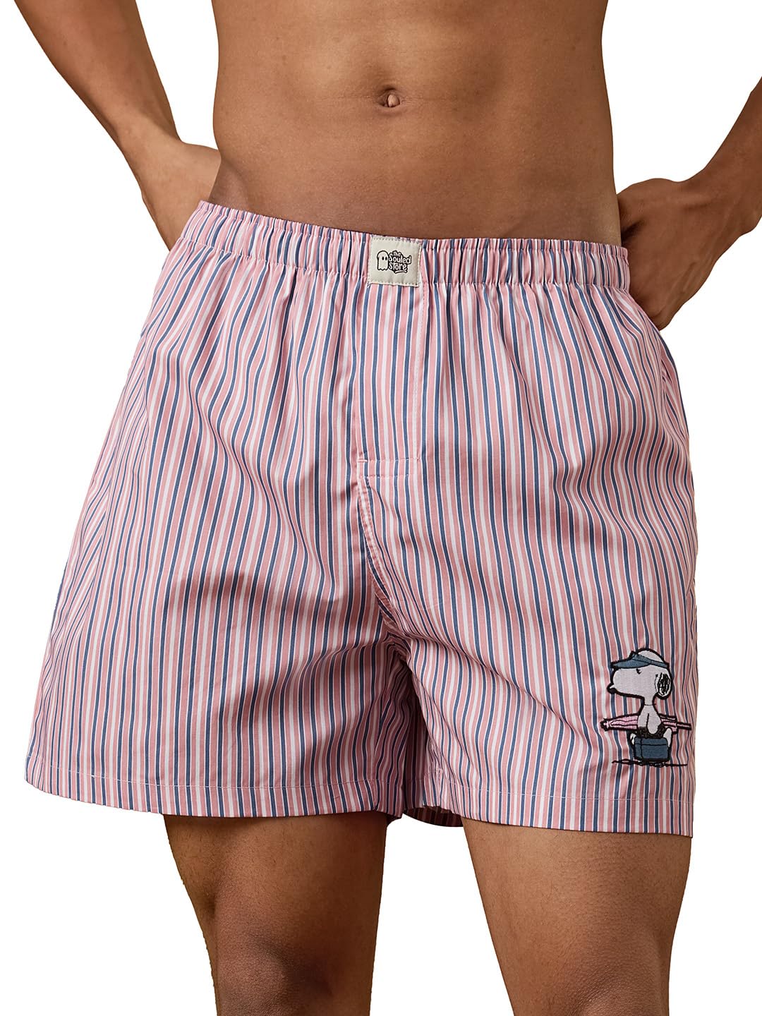 the souled store Peanuts: Holiday Men and Boys Elastic Waistband Pink Blue and White Striped Cotton Regular Fit Character Embroidery Lightweight Everyday Casual All-Season Boxer Shorts-picture-10