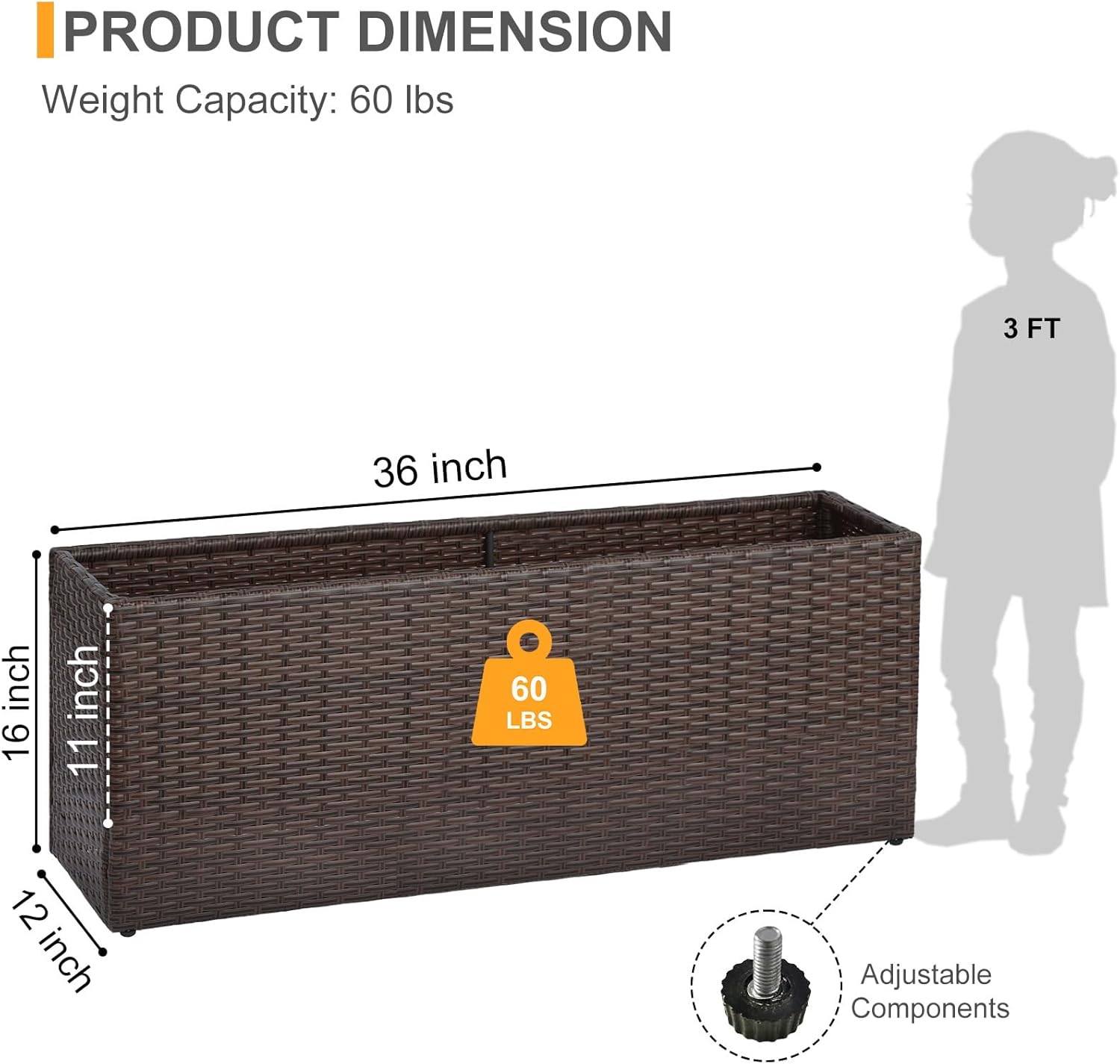 SUNNYPARK Brown Rectangular Planter Box All-Weather PE Rattan Large Modern Planters with Removable Liner Indoor Outdoor Decorative Flower Pot for Patio, Balcony, Garden
