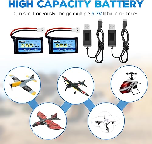 Miniatura 2 de 2 baterías Lipo de 3.7 V 350 mAh 1S con enchufe Molex y USB para Syma X11C WLToys V911S RC Drone, XK A150 BF-109 FX651 FX621 Z60 Jet F-16 F-22 F-35