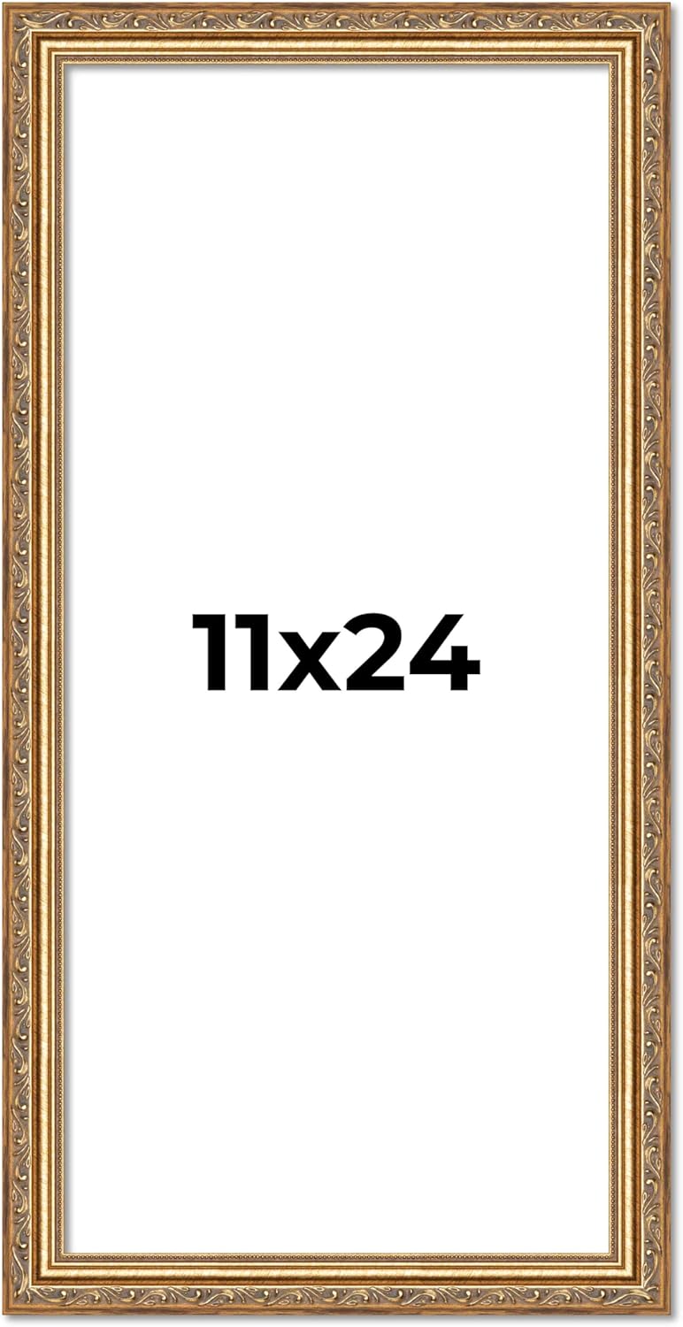 11x24 Frame Gold Solid Wood Picture Frame Width 1.25 Inches | Interior Frame Depth 0.375 Inches | Warwick Metallic Photo Frame Complete with UV Acrylic, Foam Board Backing & Hanging Hardware