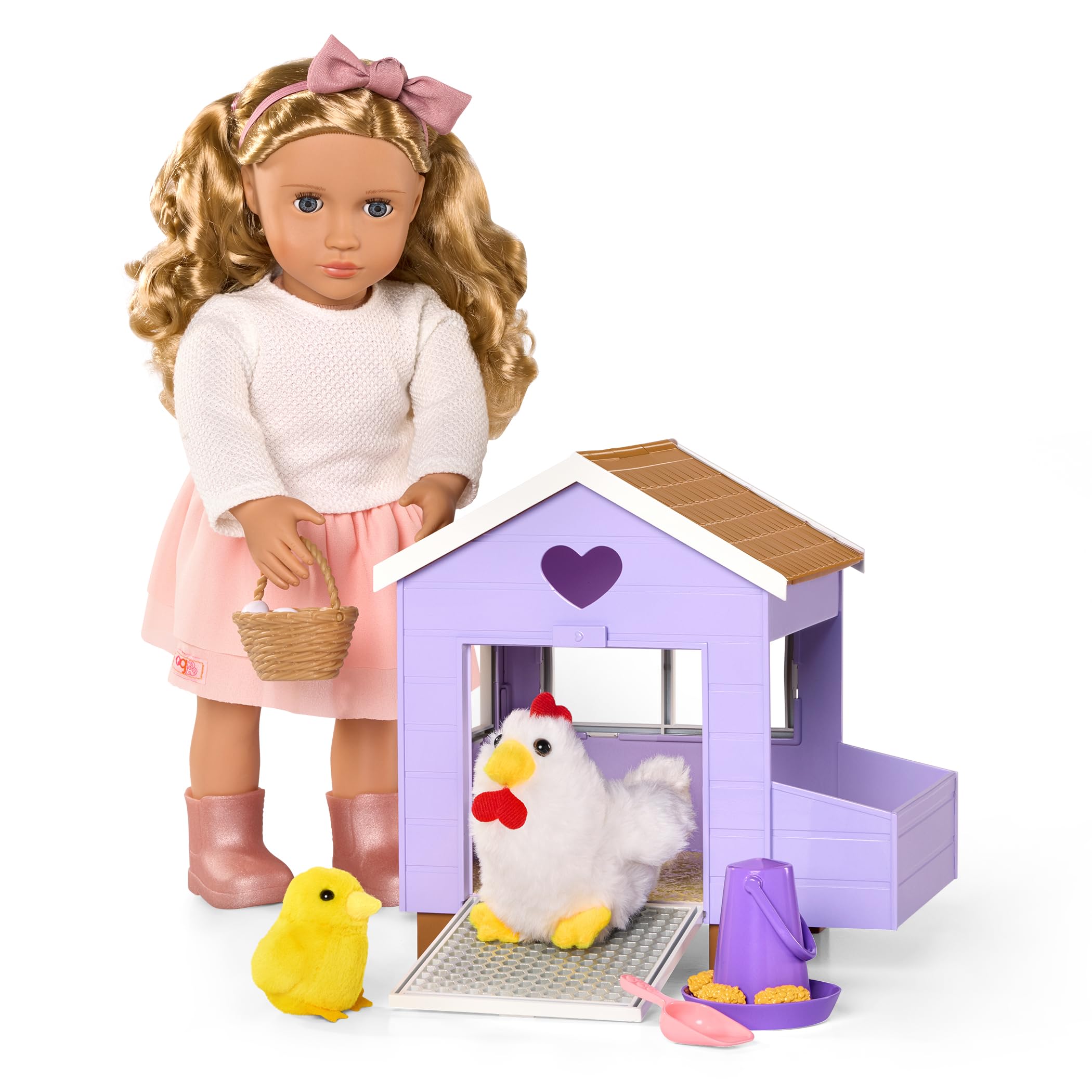 Our Generation – Henhouse Farm Home con tetto apribile & porta – Pulcino peluche & Uova che depongono animali di pollo farciti