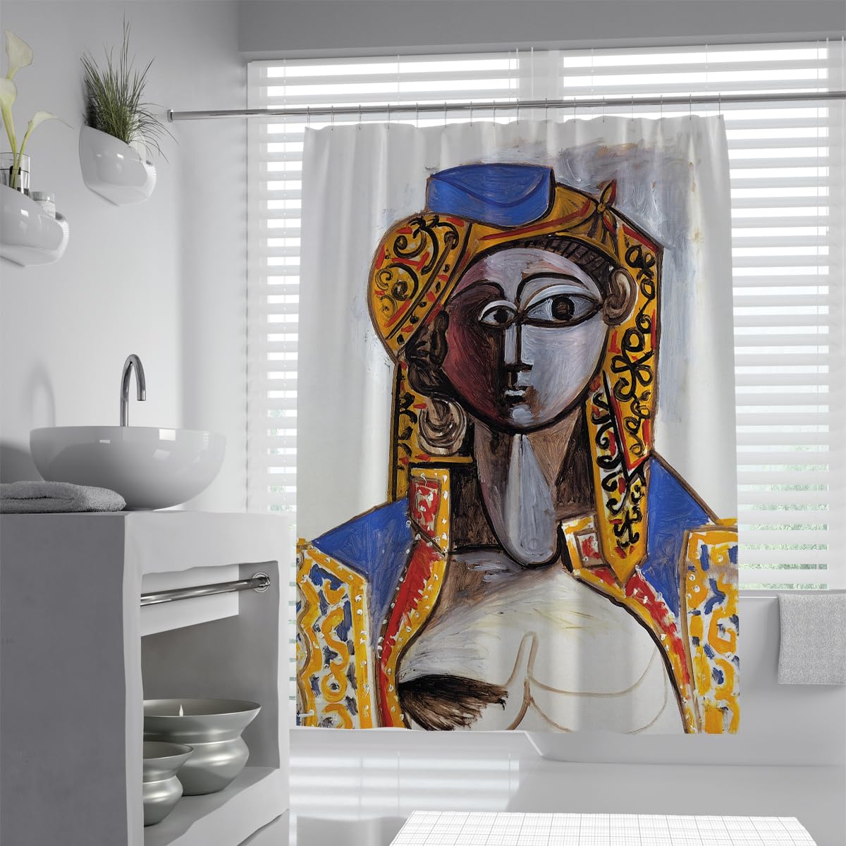 OLLIAR Home Washable Fabric Shower Curtain Liner Ethnic Lady Art Print Boho Bath Curtain Sets Abstract Cubist Style Waterproof Bathroom Decor Shower Curtains 240x180cm
