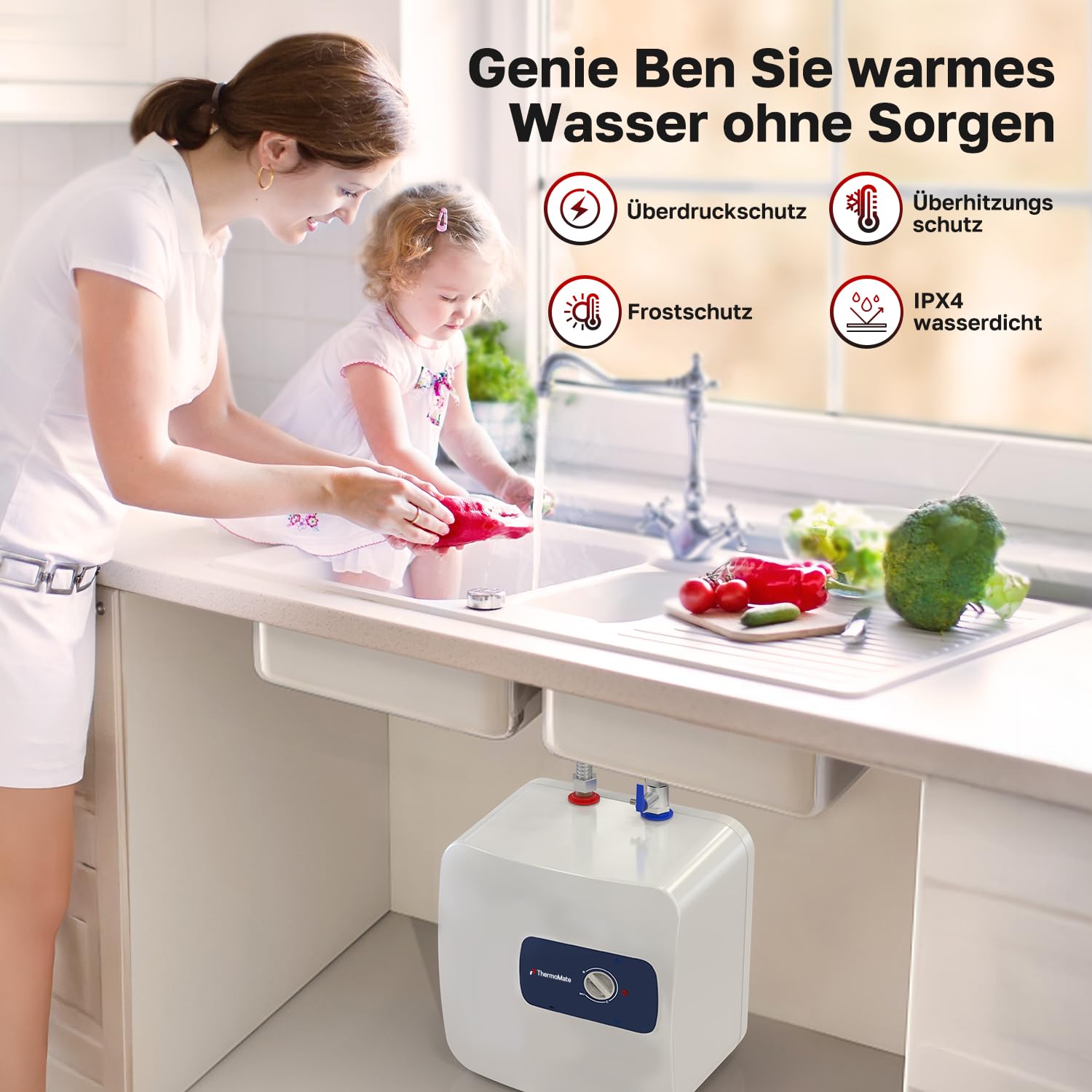 ThermoMate Scaldabagno Elettrico 30 Litri, 2000W, Sottolavello | Elettrico Boiler Compatto e poco ingombrante, Risparmio, Con spina a 230V, plug e giocare