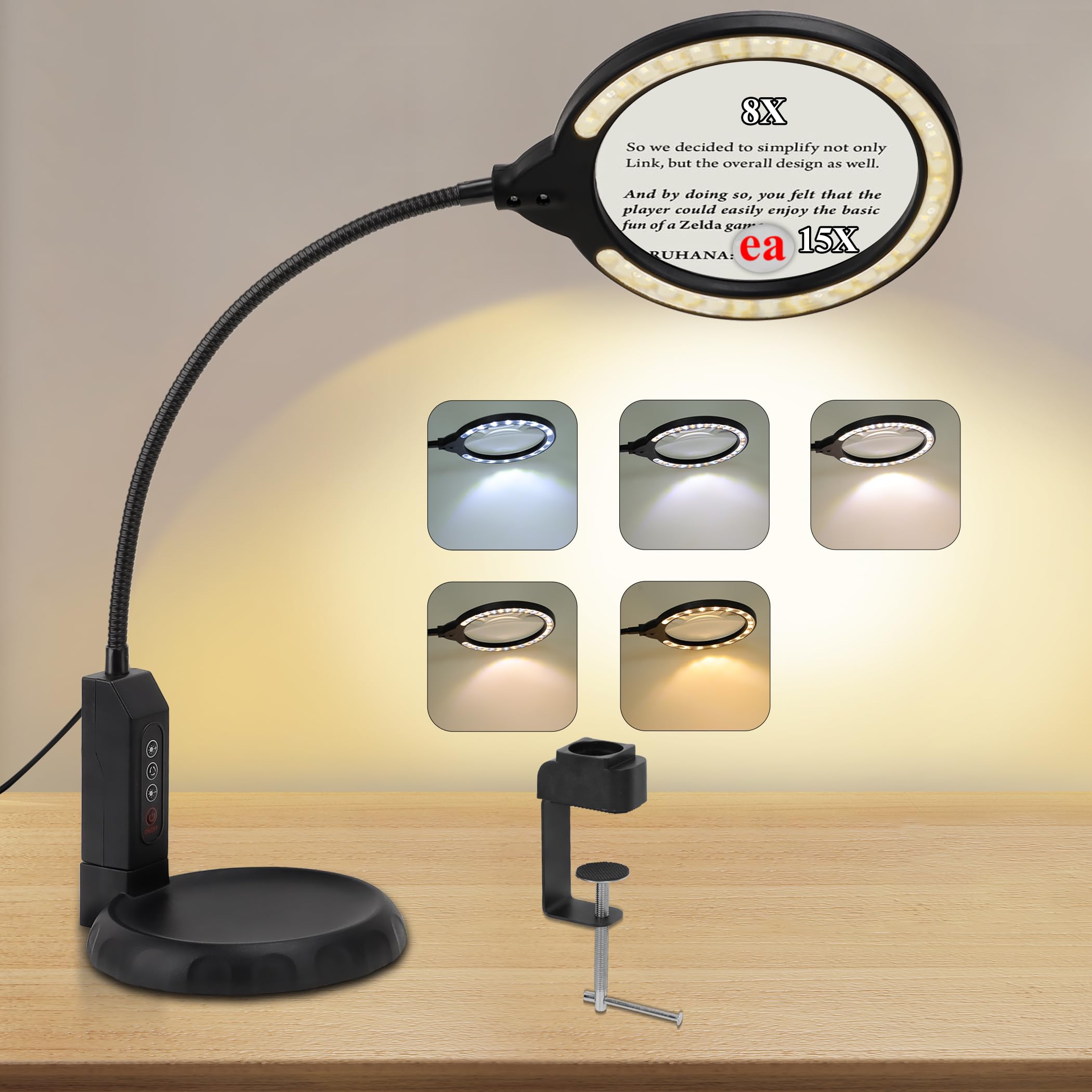 Magnifying Glass with Light and Stand, 15X & 8X Magnifying Lamp with Clamp, 5 Color Lighting Modes Stepless Dimmable LED Desk Lamp Hands Free for Crafts Hobby Reading Painting Sewing Close Work