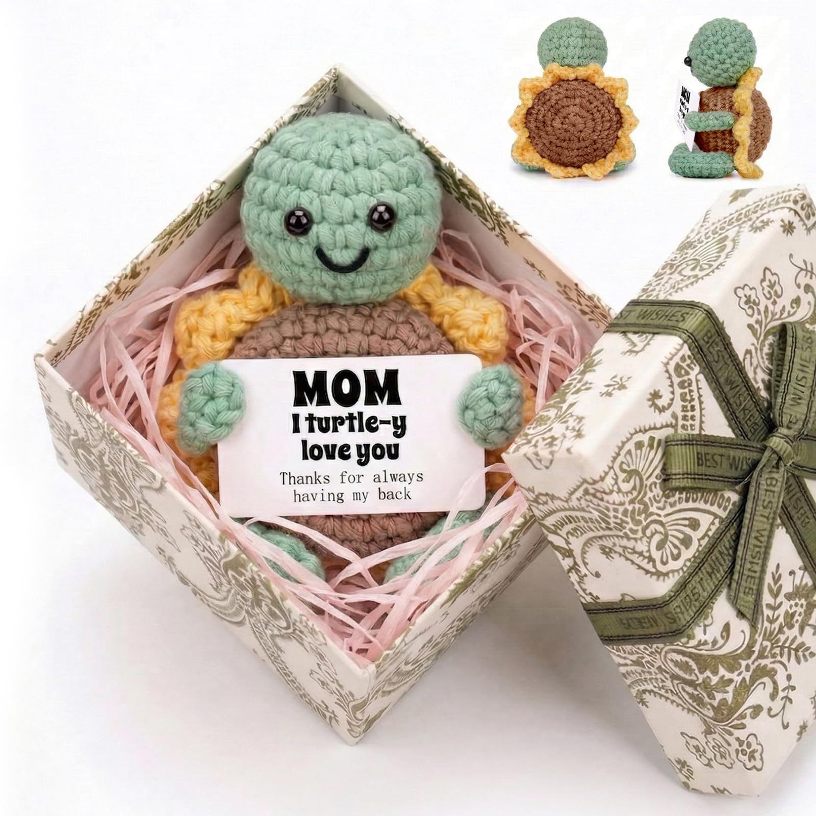 DOLLGIFT Positive Crochet Turtle in Gift Box for Mum, Handmade Crochet Sunflower Turtle Decor, Mothers Day,Christmas, Birthday, Presents for Mummy Mother Mom