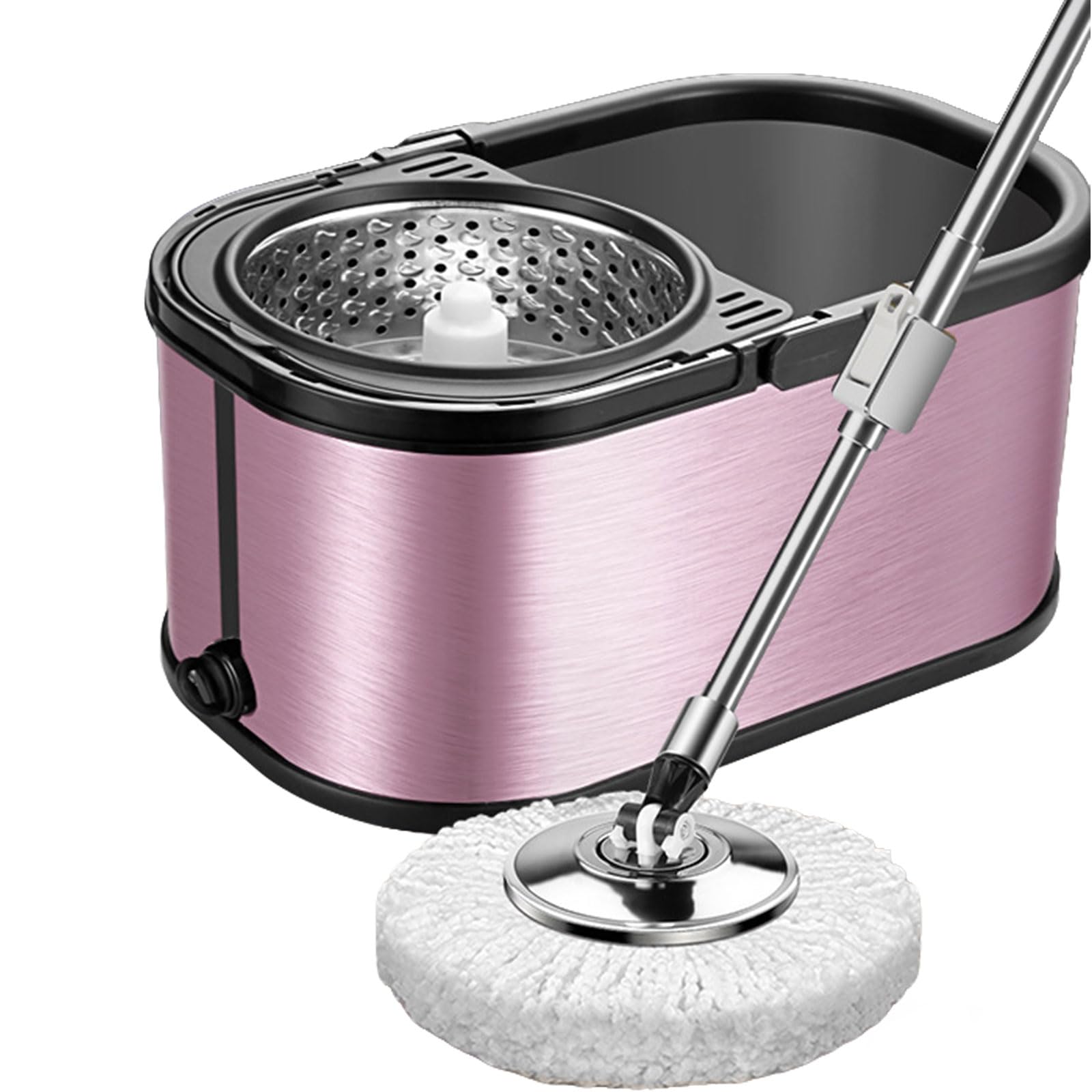Juego de fregona giratoria y cubo de acero inoxidable con escurridor, fregona giratoria de 360° y cesta interior desmontable para limpieza de suelos con cabezales de repuesto de microfibra