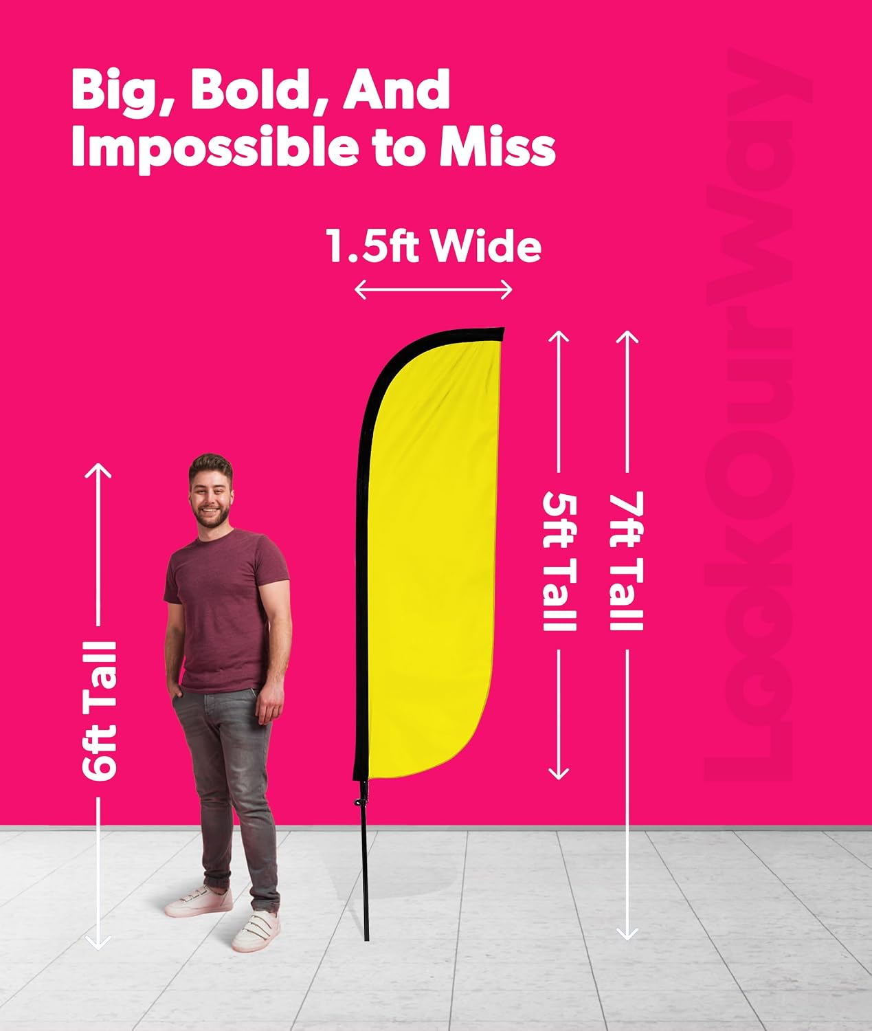LookOurWay Feather Flag Pole Kit 3-Pack Bundle - 7ft Tall Advertising Banners with Poles and Ground Spikes Solid Color Yellow