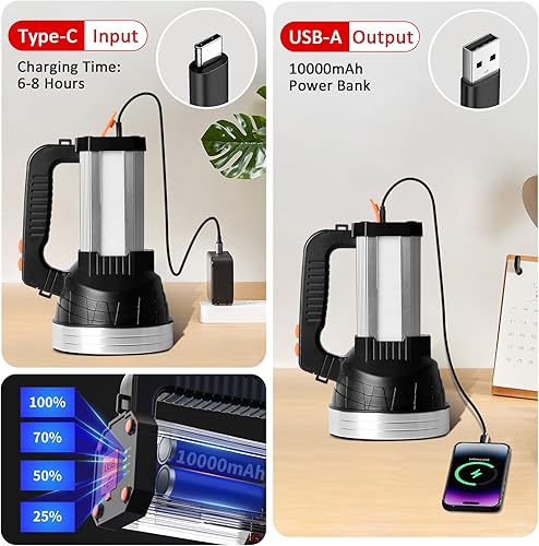 Miniatura 3 de Masmejor Linterna LED potente, foco de mano recargable de 10000 mAh, 2000 lm, IPX4 impermeable, 6 modos, luz de búsqueda portátil para emergencia,