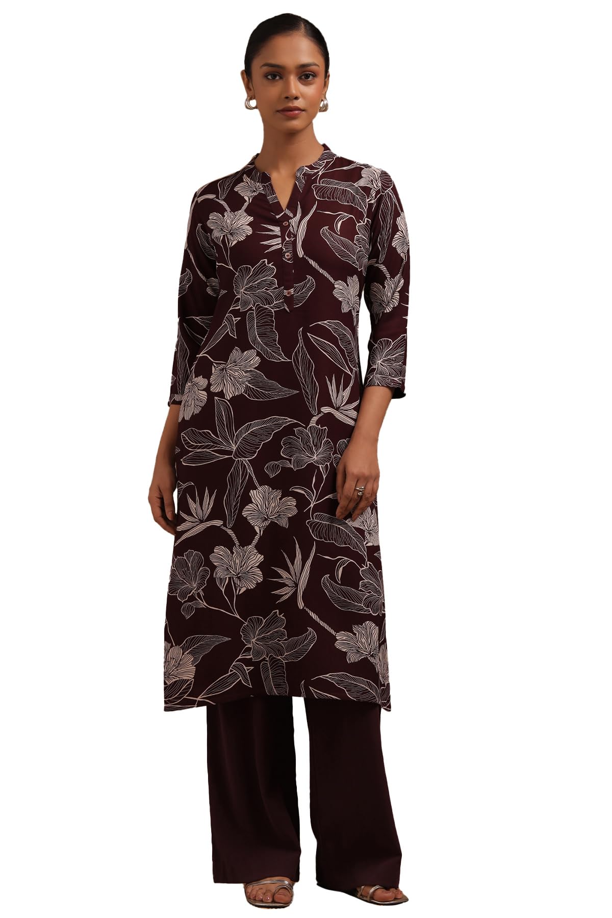 Global Desi Womens Wine Rayon Floral Print Kurta in wine