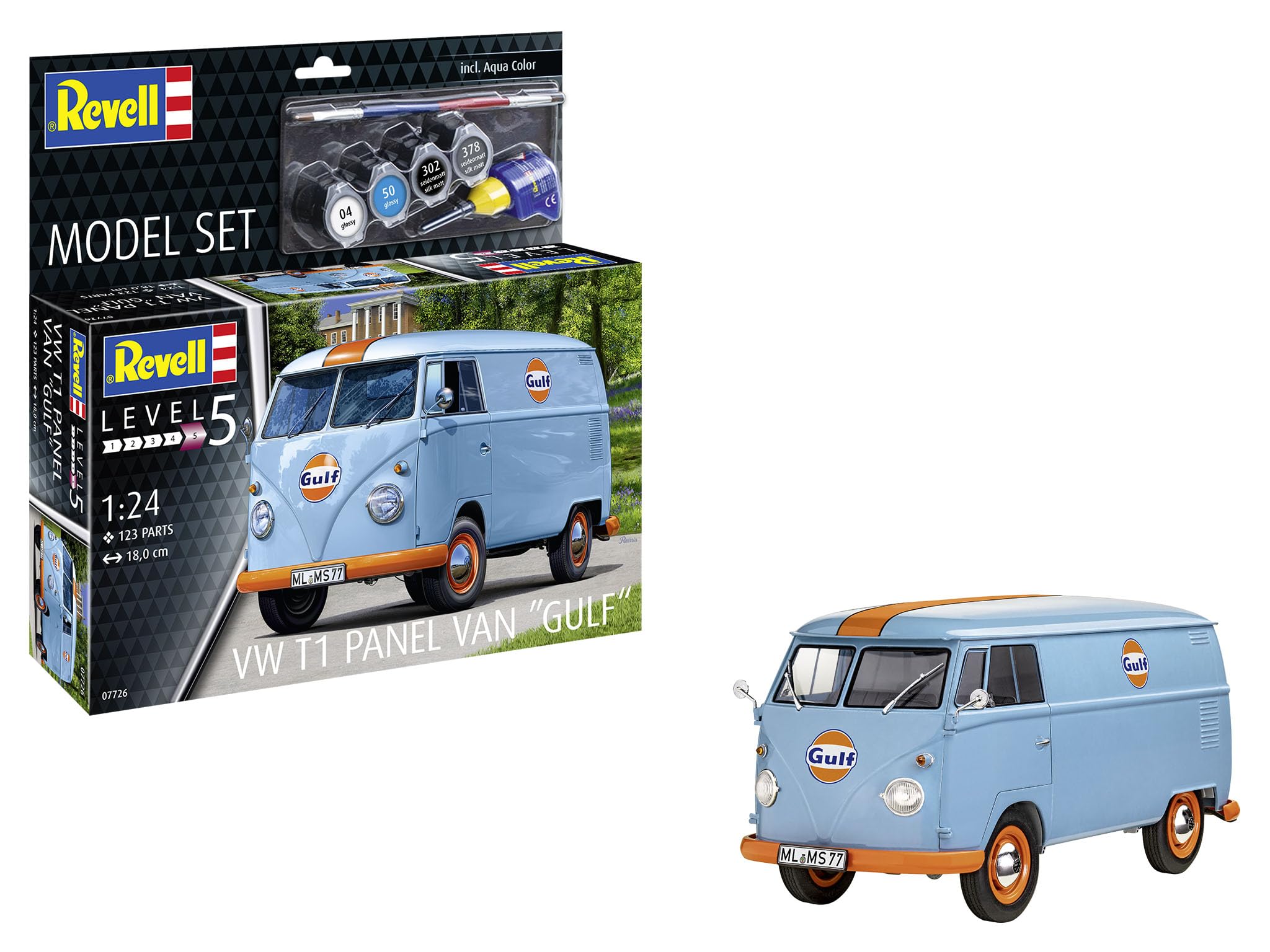 Revell Model Set 67726 VW T1 Panel Van (Gulf Decoration) 1:144 Scale Unbuilt,Unpainted Plastic Model Kit with Contacta Professional Glue, Paintbrush & Selected Aqua Color Paints