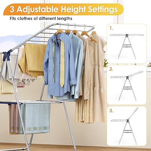 Miniatura 5 de KINGBOARD Tendedero de secado de ropa, con altura ajustable, ala de gaviota plegable para un fácil almacenamiento, sin montaje, uso en interiores y