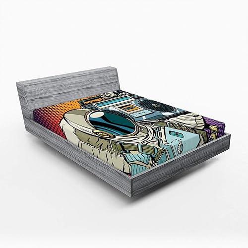Lunarable Rapper 2 Pack Fitted Sheet, Astronaut with Retro Boombox, Bed Cover All-Round Elastic Deep Pockets 2 Pieces, Package Contains 2 King Size