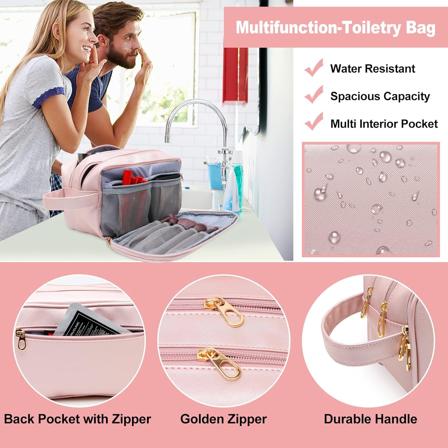 ABCHCHS Travel Toiletry Bag for Women- PU Leather Makeup Cosmetic Bag, Waterproof Organizer for Toiletries Accessories - Image 3