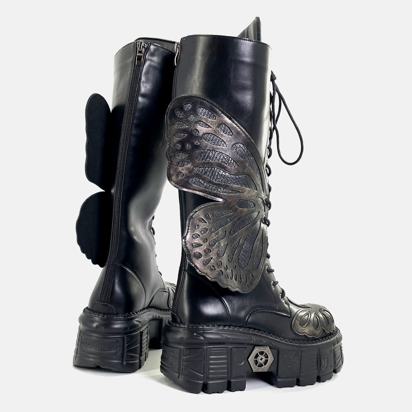 Women's Platform Punk Goth Knee High Boots Butterfly Chunky High Heel Back Zip Wedge Party Alt Boots Y2K Rave Shoes