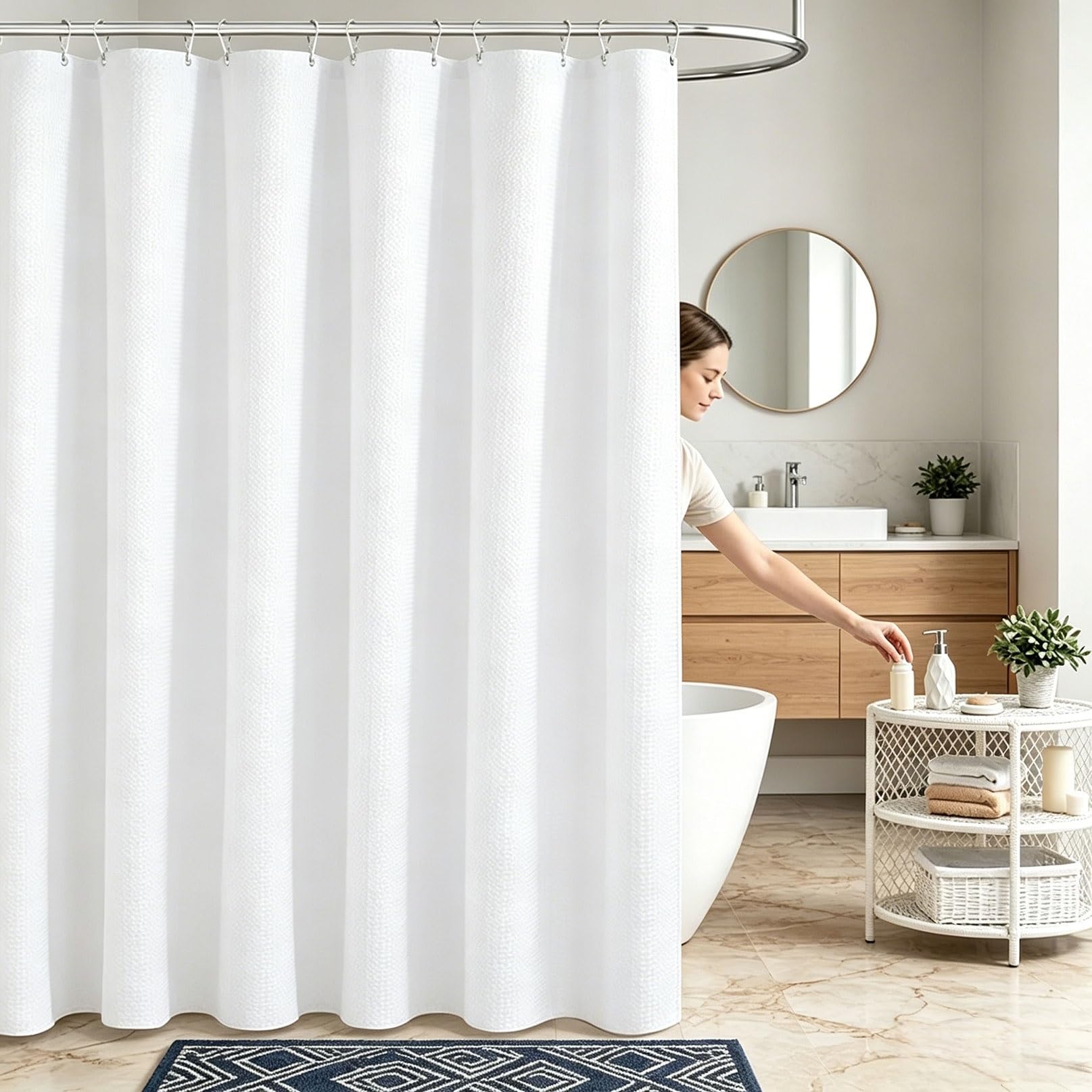 RCYONGQ Shower Curtain for Bathroom Mould and Mildew Resistant, Polyester, Waffle Bathtub Curtains Includes 12 Pcs Curtain Hooks, Quick-Drying, 230g/㎡ for Bathroom Wet Room Tub(White,180x180cm)
