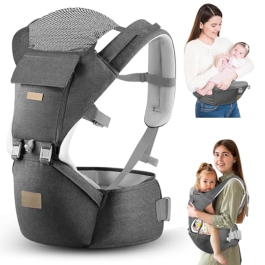 6-in-1 Ways Baby Carrier with Hip Seat and Lumbar Support, Newborn to Toddler, 0-36 Month, 7-33 Lb, Ergonomic All Positions Kids Carrier Soft Baby Holder Carrier with Hood for All Seasons Dark Grey
