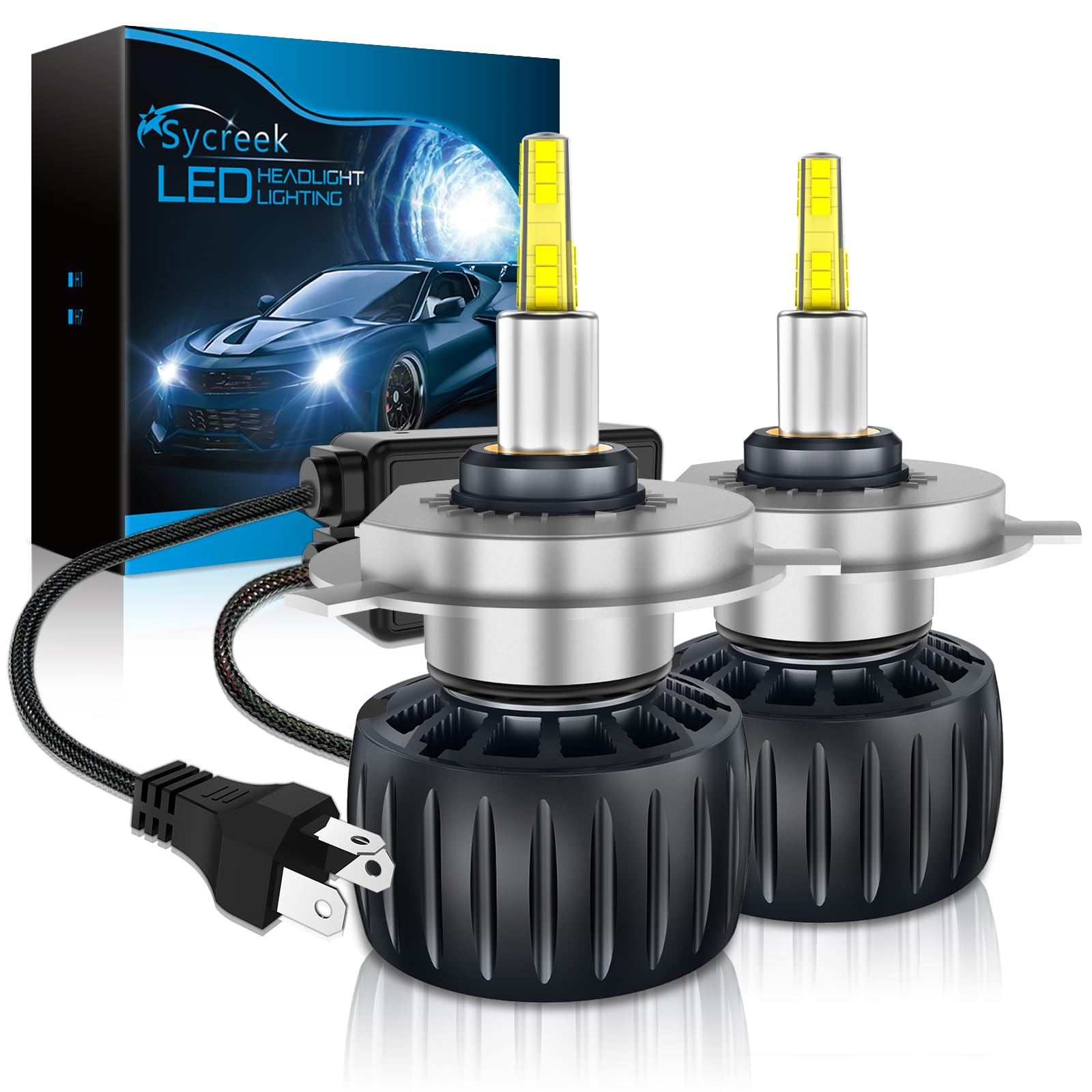 Sycreek Żarówki H4 LED EMC 30000 LM Reflektory samochodowe 100 W 6000 K, super jasne 360 stopni, bardzo jasne diody LED, zestaw do konwersji reflektorów, Plug and Play, zapobiegający zakłóceniom