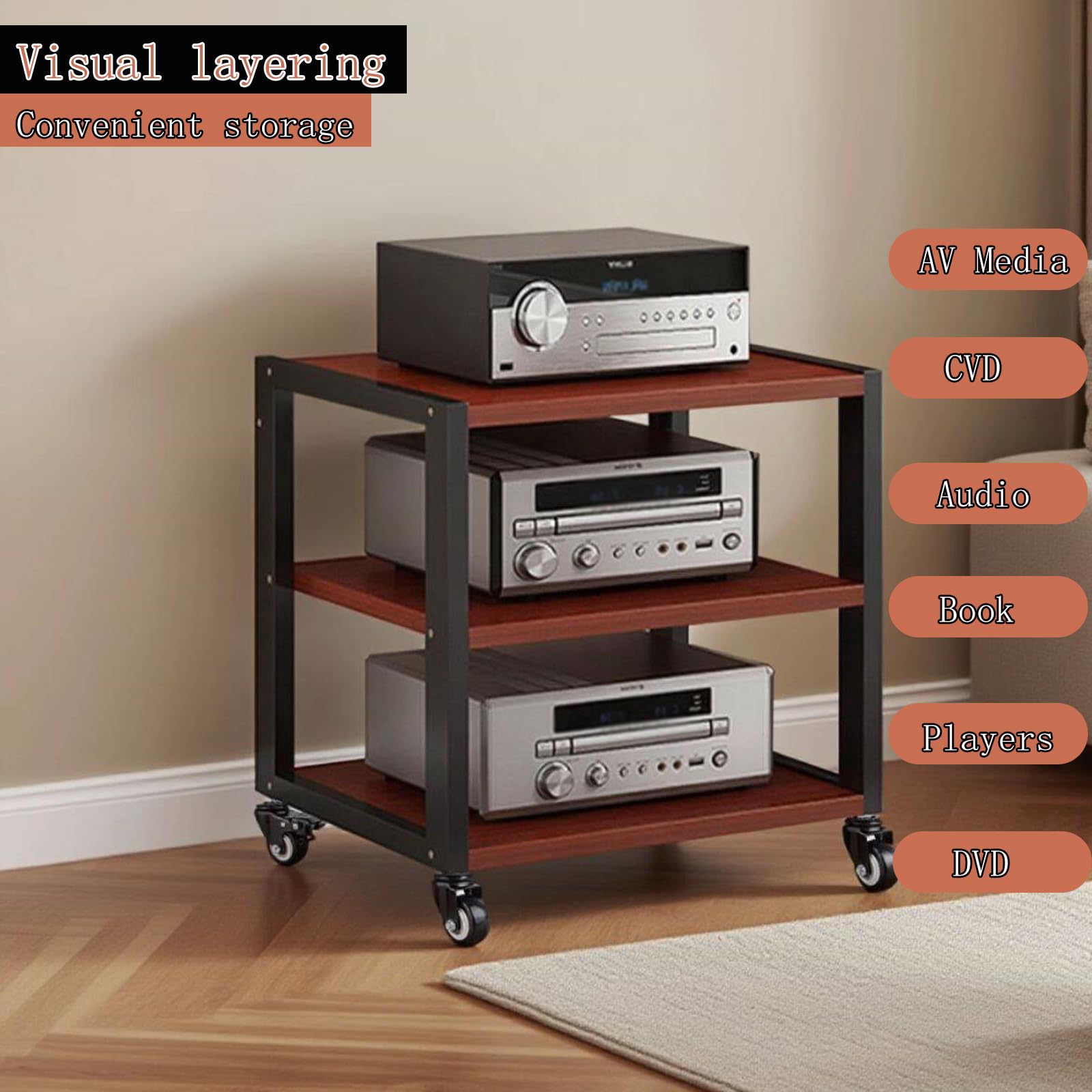 Scaffale a 3/4/5Rack e supporti HiFi Audio Rack, scaffale audio in legno e metallo, portata 200 kg, porta-multimedia con ripiani regolabili, per soggiorno, sala giochi, centro di intrattenimento (3YM)