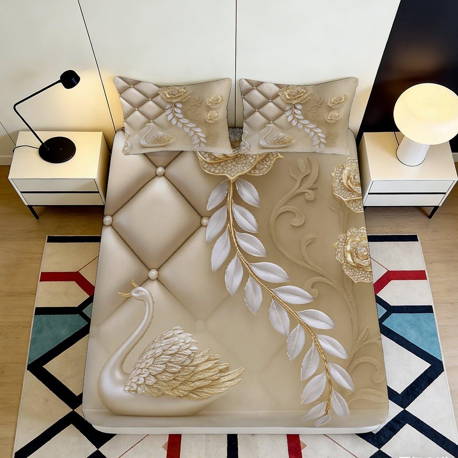 3D Printed Feathers Peacock Fitted Sheet Microfiber Deep Pocket Non-Slip Bedroom Bedding Leaves Mattress Fitted Cover Elastic Hem Washable 90x200x25cm