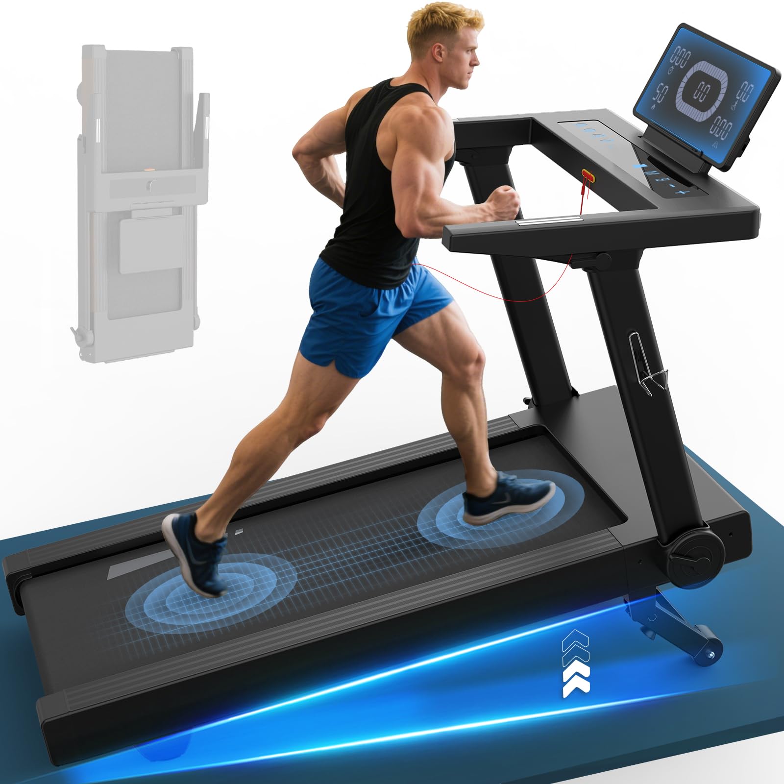 Laufband für Zuhause, 7PS Laufband klappbares mit 1-20 km/h, 15% Steigung, Belastung 180Kg, Bluetooth App kompatibel, Pulssensor, Drehbares LED-Anzeige, Tablethalterung für Zuhause und Büro