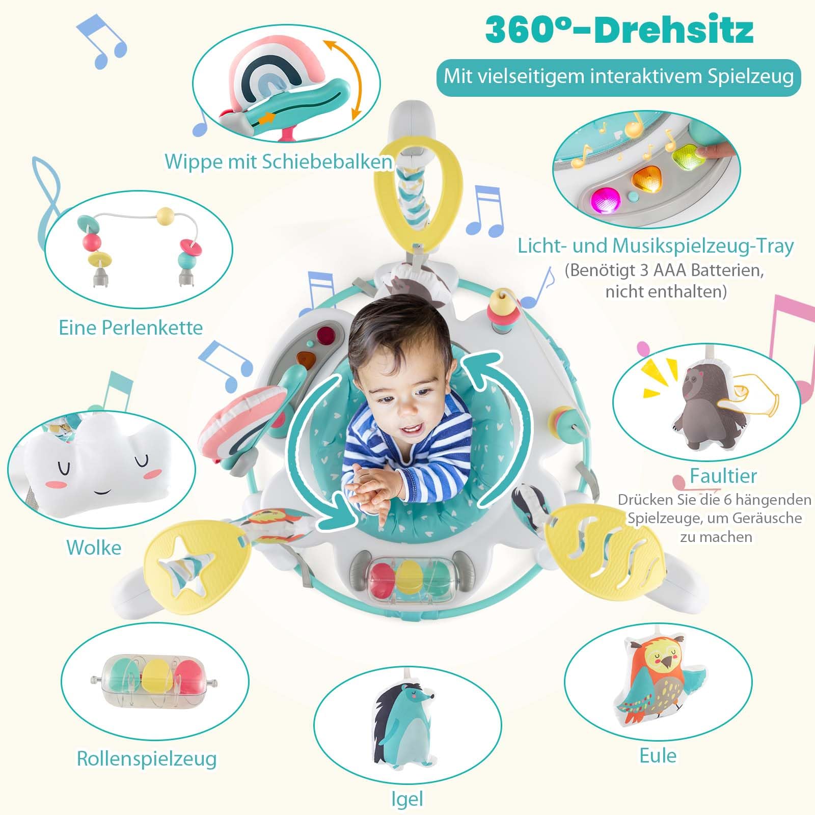 DREAMADE Stationäres Aktivitätscenter, Tierwelt-Jumperoo mit abnehmbarem Fußpolster, Spielcenter mit 360°-Drehsitz, 3 verstellbaren Höhen, Musiktablett & Hängespielzeugen für Babys ab 6 Monaten