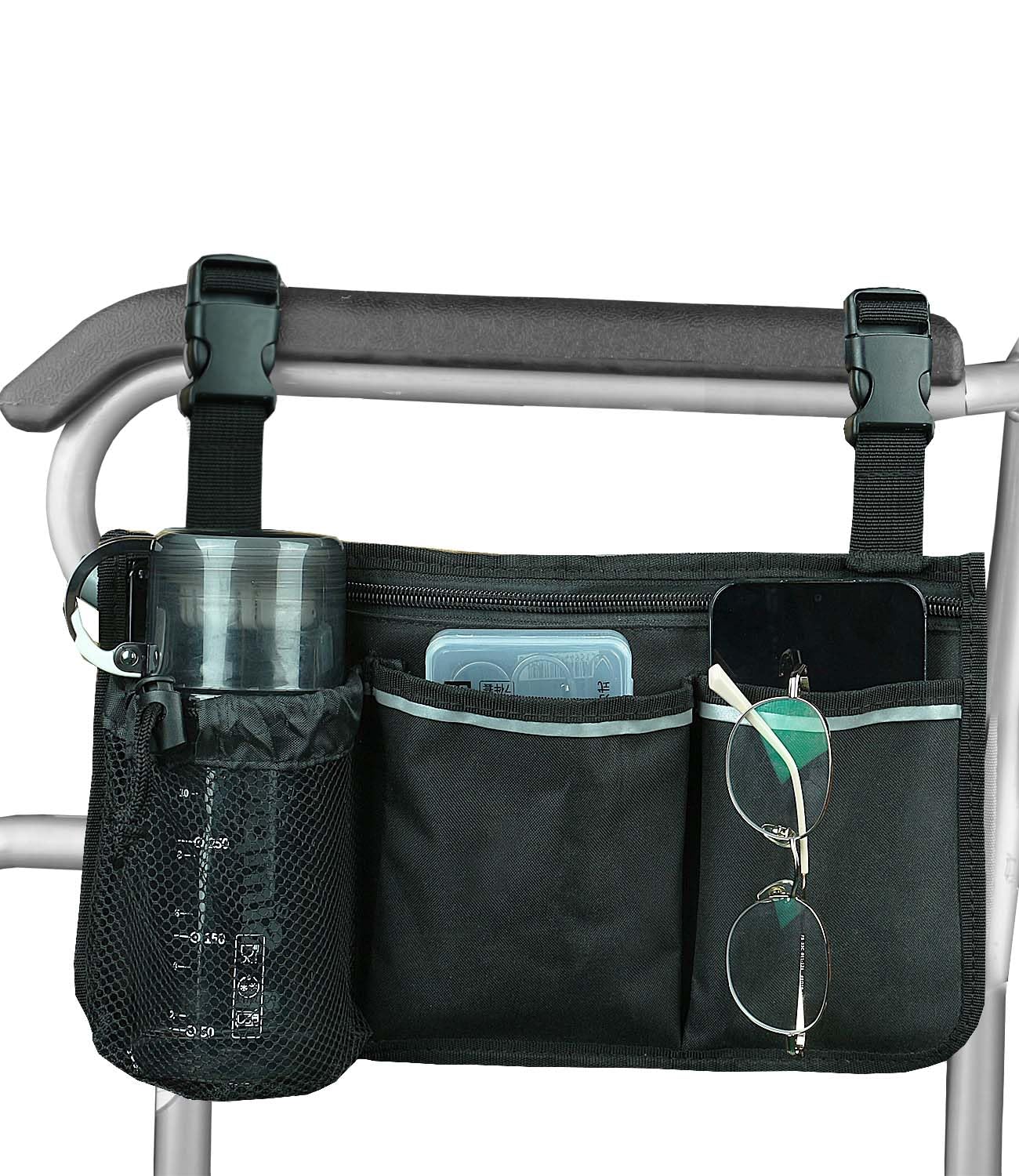 Wheelchair Bag, Walker Bag, Wheelchair Side Bag, Armrest Organizer Pouch with Cup Holder Attachment and Reflective Strip, Accessories for Most Wheelchairs, Walker, Rollators (Black)