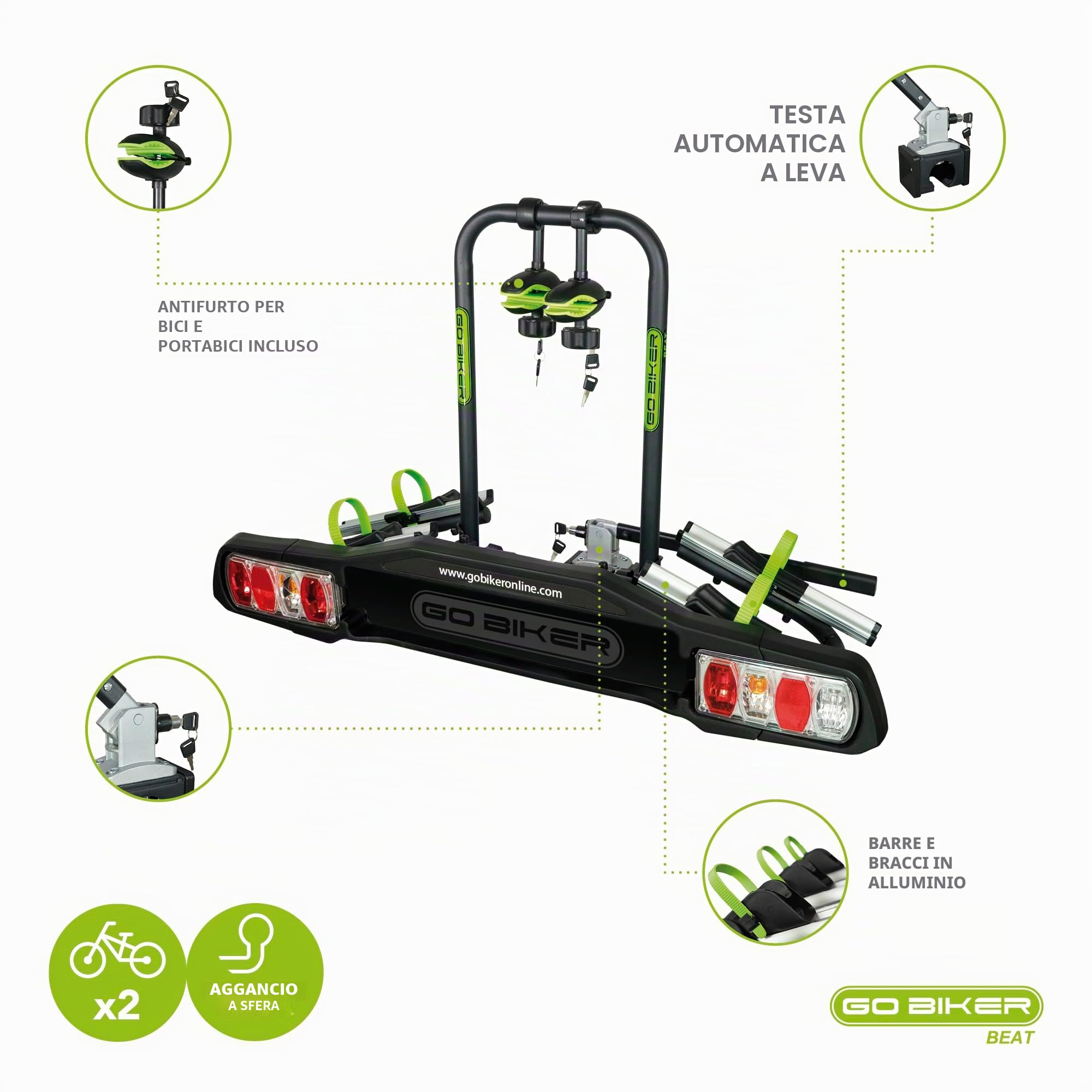 BEAT Portabici Gancio Traino per 2 Bici – Antifurto Integrato – Acciaio e Alluminio – Bracci Regolabili – 15 kg per Binario