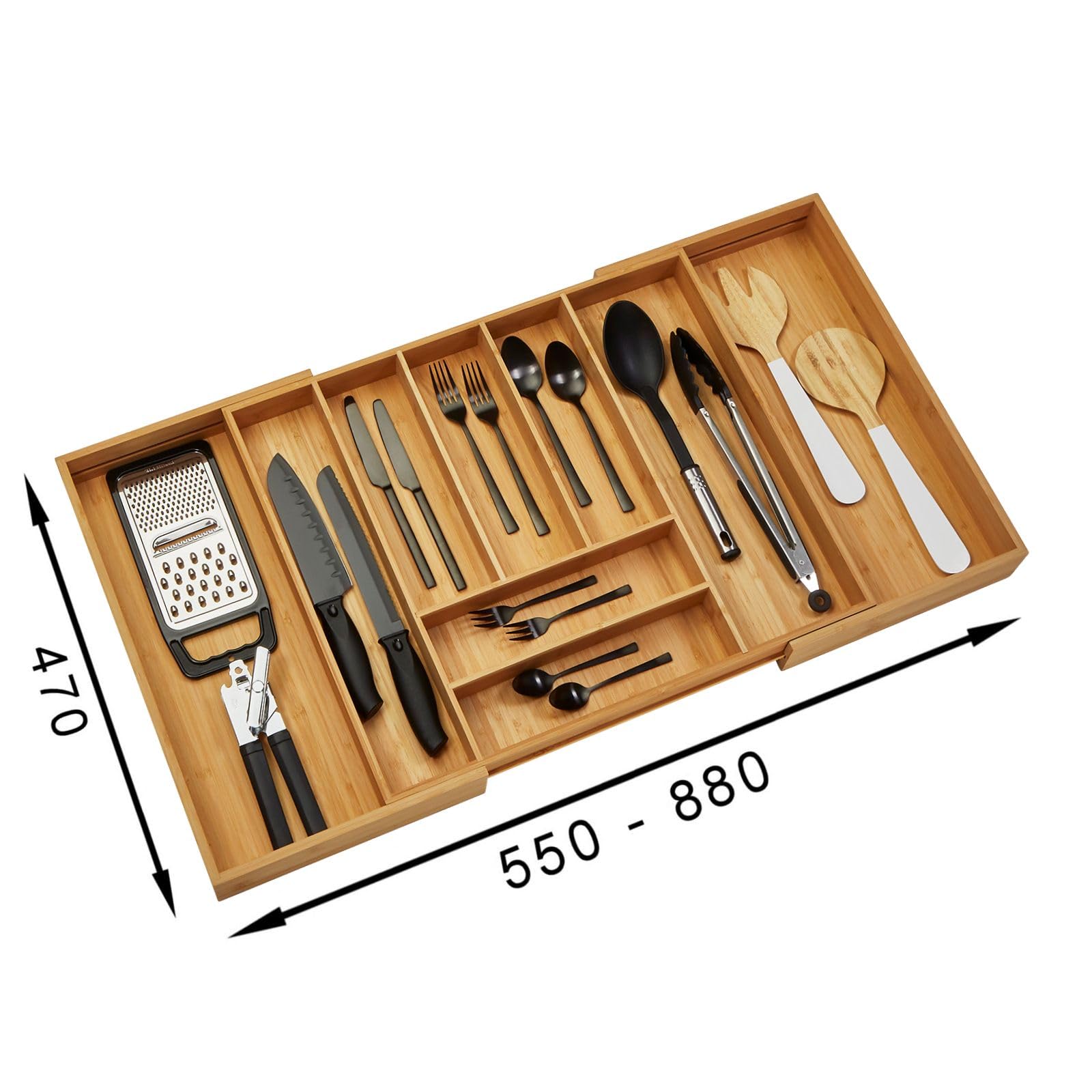 Orga-box UNIVERSAL Cubertero de bambú ajustable para anchura de armario 700-900 mm hasta 9 compartimentos para profundidad de cajón 473 mm