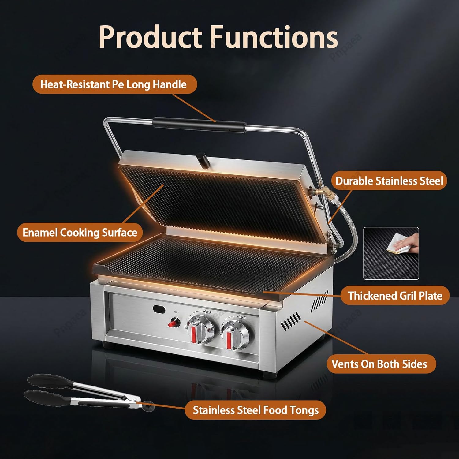 Commercial Dual Head Panini Grill, 3000W Electric Sandwich Panini Maker,50-300℃,Stainless Steel Sandwich Press Grill,for Catering, Restaurant GasHeating