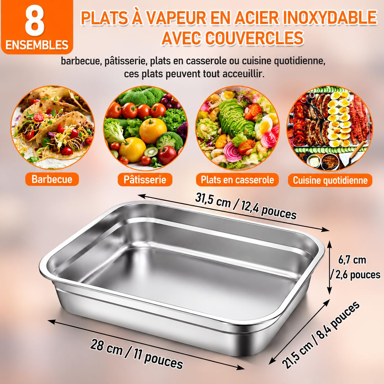 Lot de 8 Bacs Alimentaires en Inox 304 avec Couvercles, 31,5 x 21,5 x 6,7cm | Récipients de Conservation Compatibles Four et Congélateur pour Meal Prep, Buffet, Restauration et Cuisine