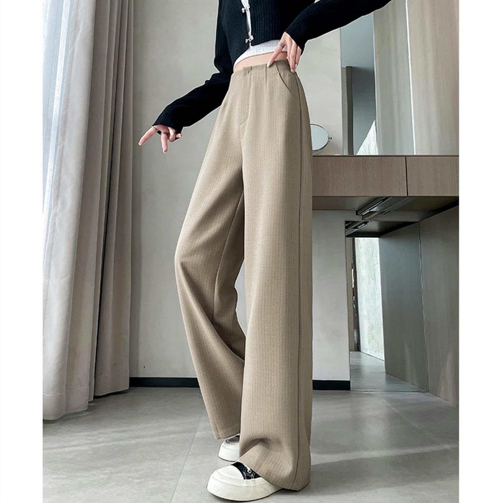 Pantalone Donna Abito A Strisce Ad Alta Vita Pantaloni Gamba Larga da Donna Sciolta Divalida Chiacchierata Casual Movping-grigio-2xl