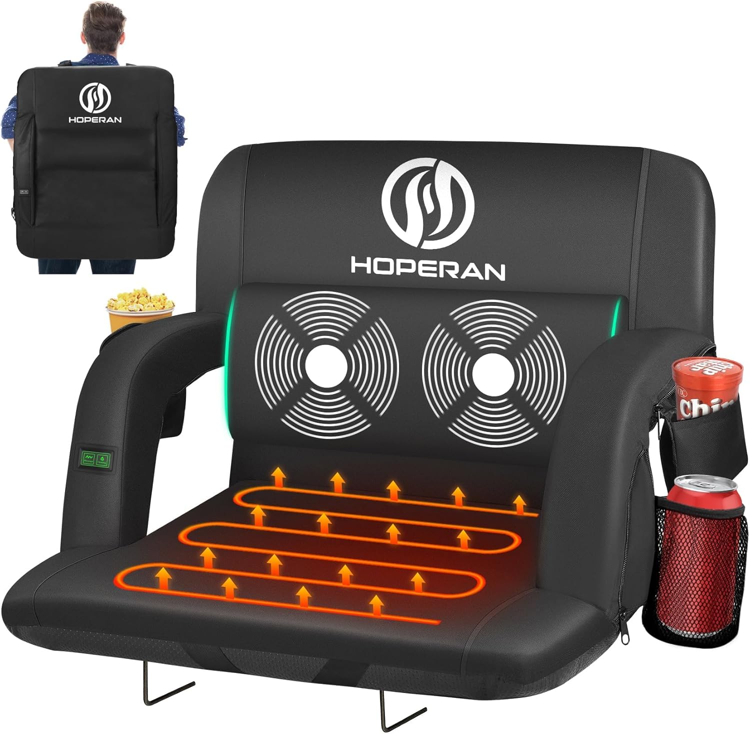 HOPERAN Massage Heated Stadium Seats for Bleachers with Back Support & Lumbar Pillow, 3 Level Heating & 6 Modes Massage Portable Heated Stadium Chairs for Bleachers 1pc Black 21" Regular