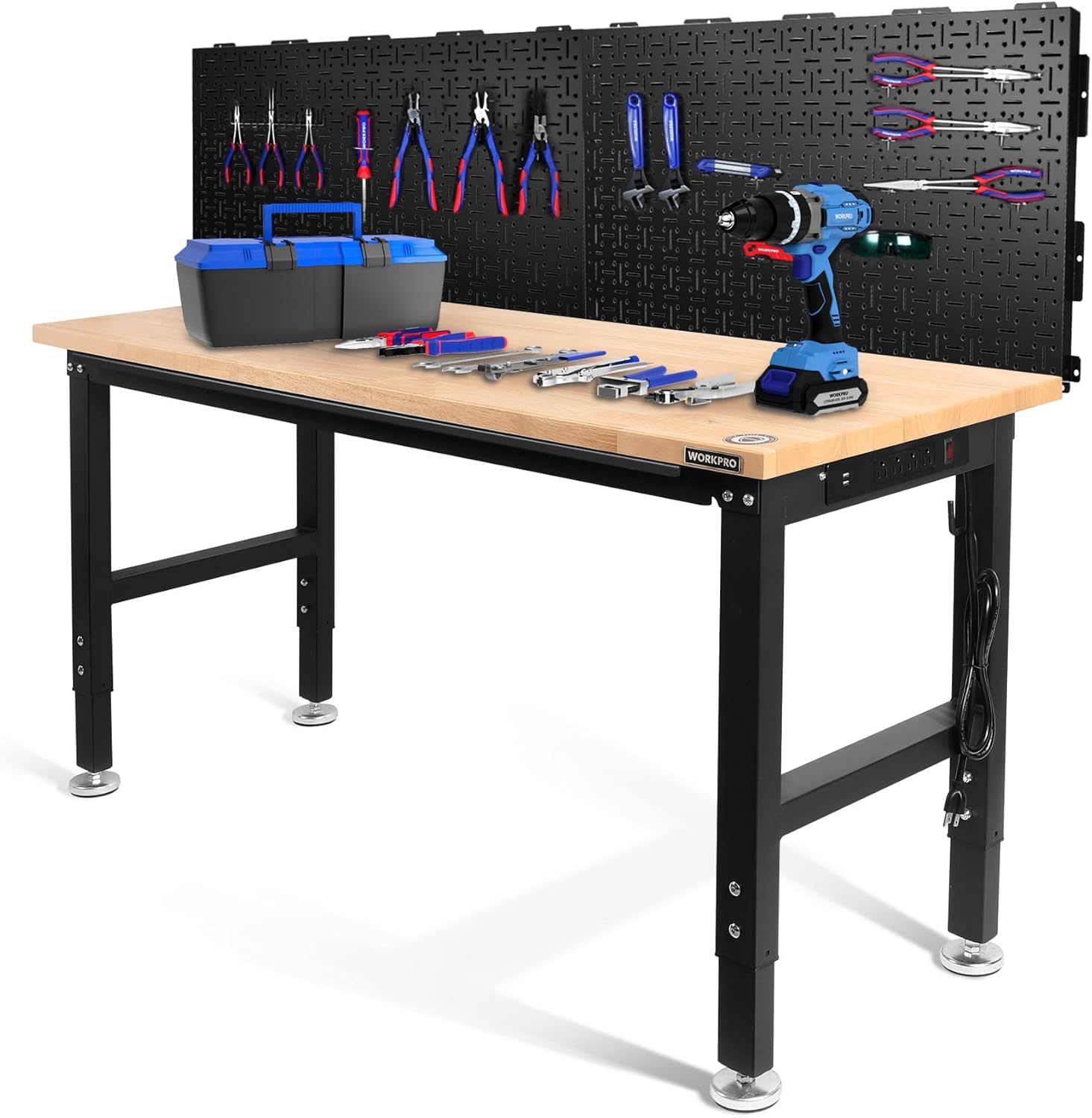 WORKPRO 60″ Adjustable Workbench with 2 Pack Metal Pegboard, Rubber Wood Top Heavy-Duty Workstation, 2000 LBS Load Capacity Hardwood Worktable with Power Outlets, for Workshop, Craft Room WORKPRO 60″ Adjustable Workbench with 2 Pack Metal Pegboard, Rubber Wood Top Heavy-Duty Workstation, 2000 LBS Load Capacity Hardwood Worktable with Power Outlets, for Workshop, Craft Room