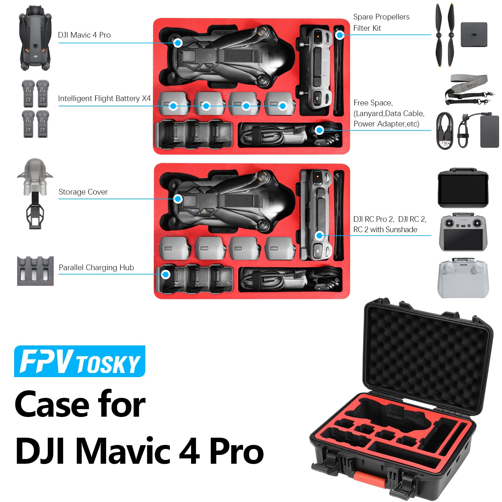 FPVtosky Mavic 4 Pro Case, Custodia Impermeabile Per Drone Dji Mavic 4 Pro, Custodia Portatile Per Dji Mavic 4 Pro Fly More Combo Accessori(Solo Caso)