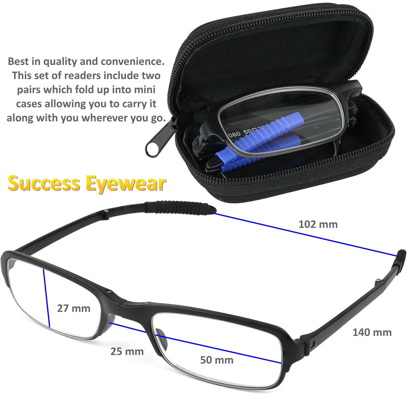 Success Eyewear Gafas de lectura plegables de moda, 2 pares, con estuche, unisex, para hombre y mujer, en gris mate, azul y negro mate, 1,25