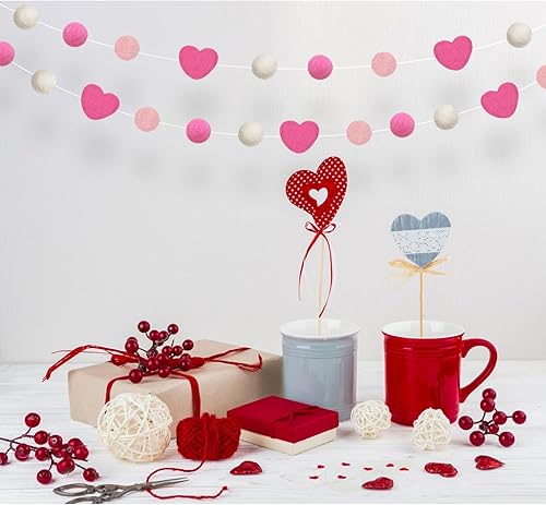 Vista 25 de Guirnalda de bola de fieltro para el día de San Valentín, guirnalda de pompones de corazón rosa y blanco para árbol del hogar, día de San Valentín