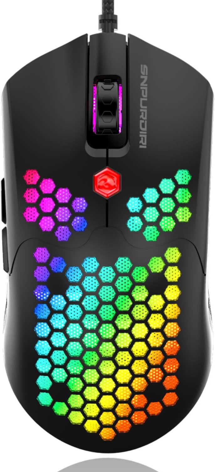 Snpurdiri ST-M1 PRO Ultra Lightweight Honeycomb Shell Wired RGB Gaming Mouse - PMW3360 16000DPI Mice | 7 Buttons Programmable Driver - 65g Only