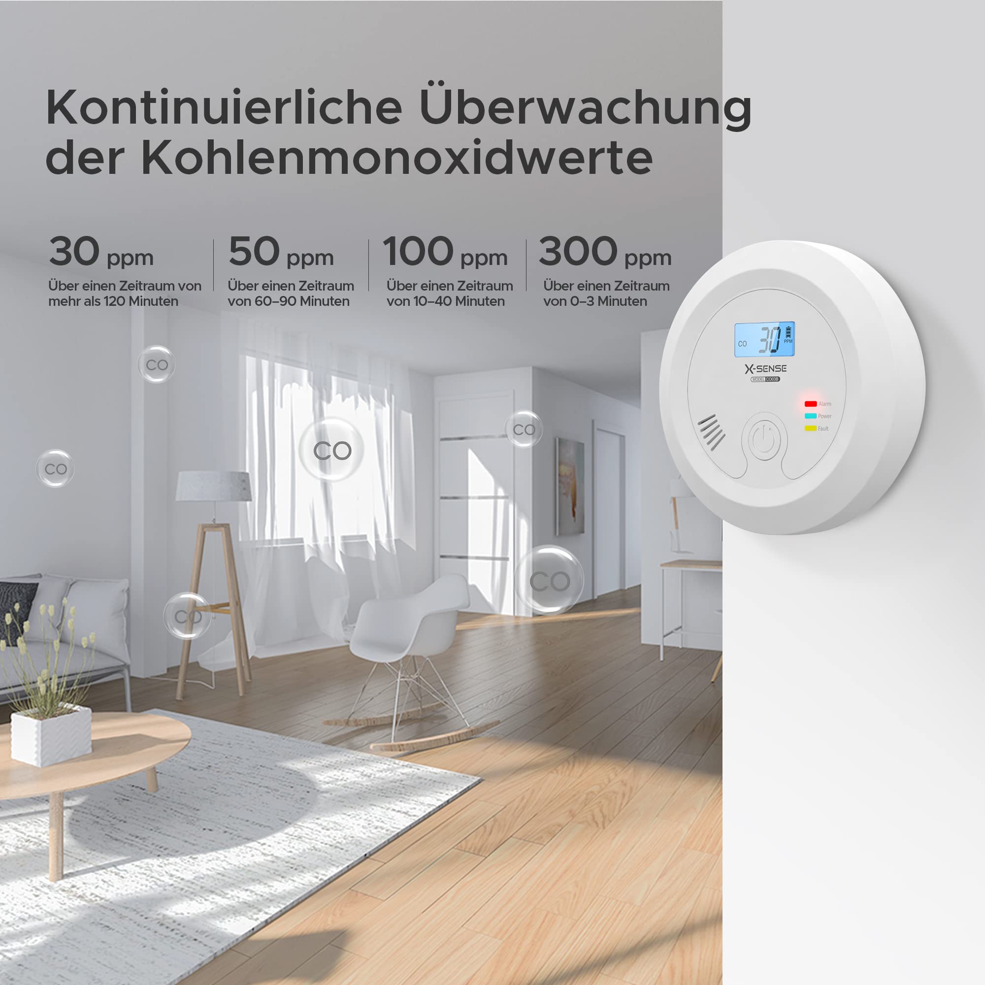 X-Sense CO Melder mit Austauschbarer Batterie und LCD Display inkl. CO-Konzentration, Kohlenmonoxidmelder mit Prüftaste und LED-Statusleuchte, bis 60 m, CO03B