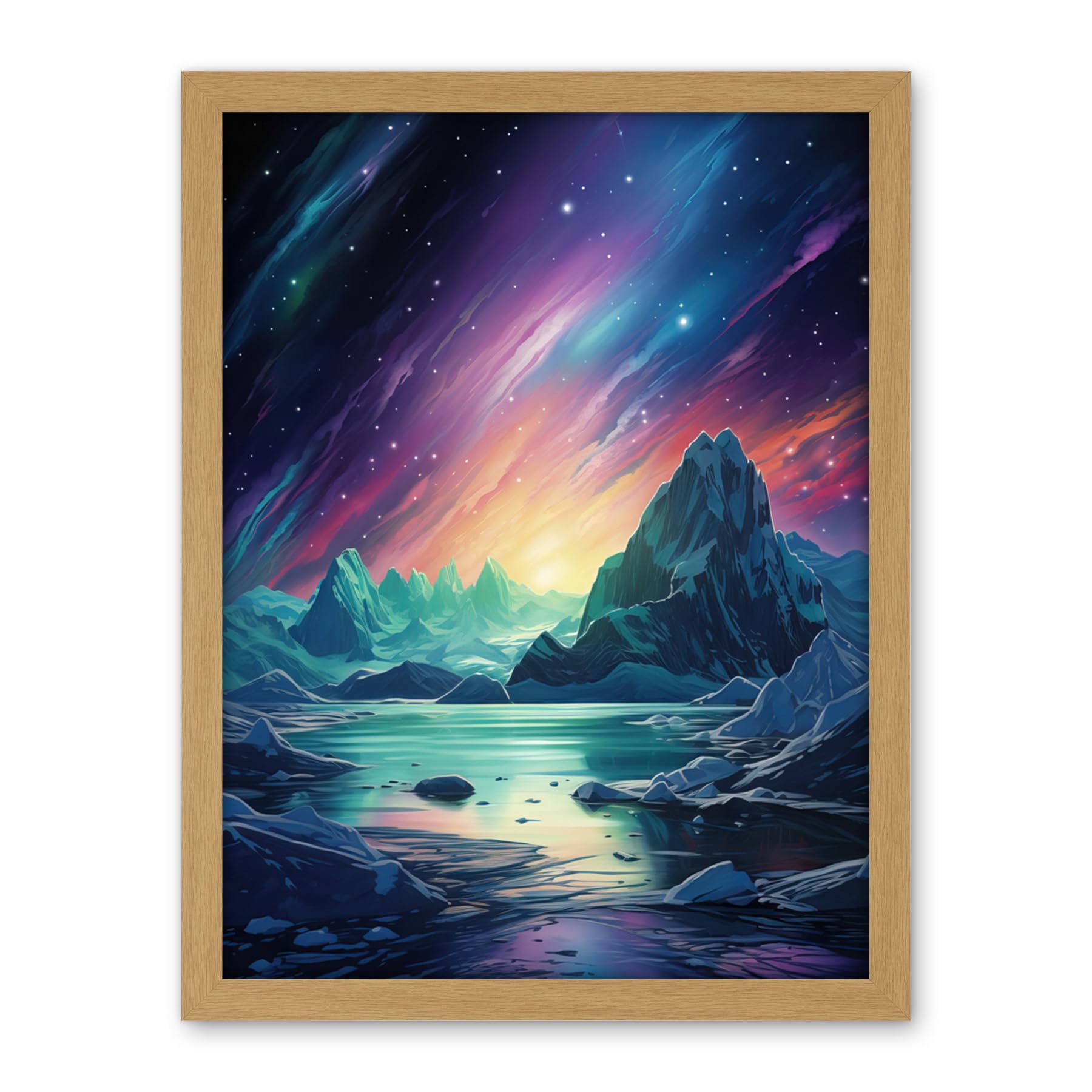 Artery8 Purple Aurora Borealis Dawn in Antarctica Oil Painting Blue Green Enchanting Arctic Ice Fantasy Landscape Artwork Framed Wall Art Print 18X24 Inch