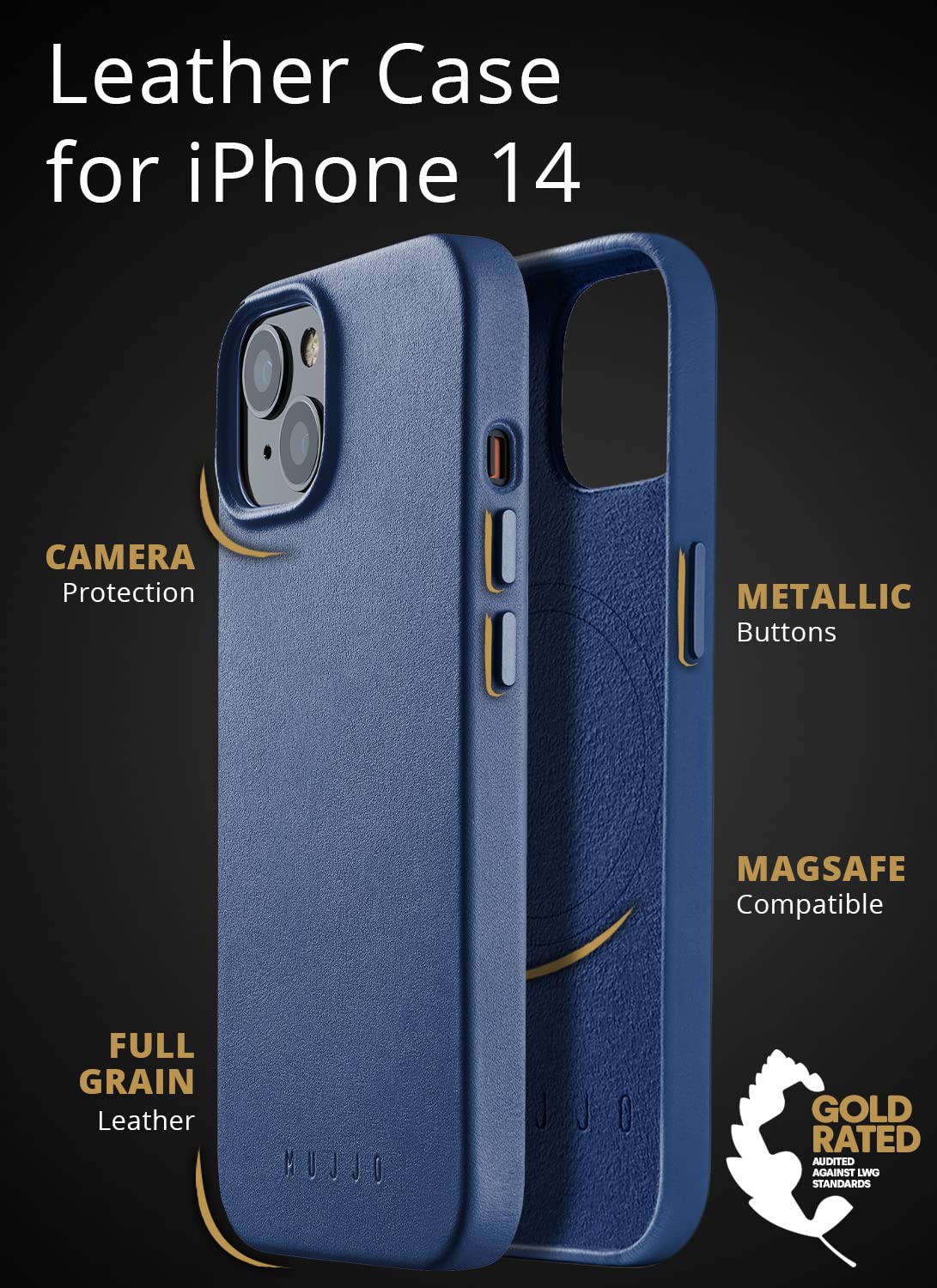 Mujjo Full Leather Case for iPhone 14 with MagSafe (Monaco Blue)