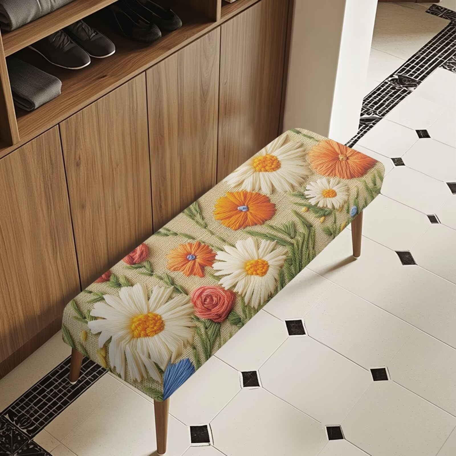 Qehuruxo Bench Covers Slipcover Rectangle End of Bed Bench Dustproof Removable Stretch Dining Chair Cover for Restaurant Living Room Home Daisy Design