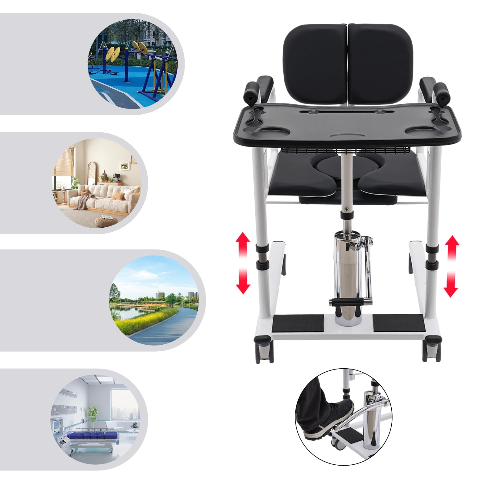Hydrauliczny podnośnik dla pacjentów do domu, przenośny wózek inwalidzki o nośności 150 kg, pomoc w transporcie, wózek inwalidzki z antypoślizgowymi dywanikami, idealny (czarny)